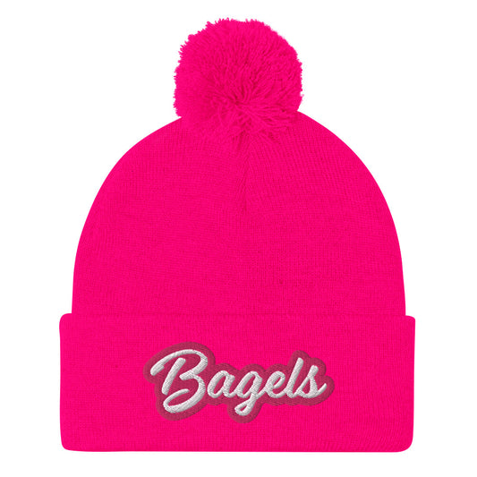 Pink bagel beanie  - Calling all bagel babes! Stay warm and make a statement in our pink and white embroidered beanie for bagel lovers. This funny foodie hat stands out and comes in a variety of colors. It's a unique bagel beanie that's comfortable and made just for you. Eat bagels in style or give it as a funny gift for bagel enthusiasts. 