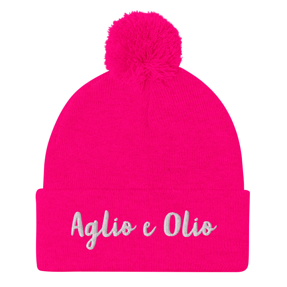 Neon pink aglio e olio beanie from Nina's Funky Shop by ninanush - An aglio e olio beanie for pasta enthusiasts and foodies of all kinds! This funny Italian food hat is a unisex beanie with a white embroidery and a pom pom on top. The perfect foodie hat for aglio e olio lovers. Show off in this Italian foodie, garlic lover beanie or give it as a funny gift for a garlic pasta lover.