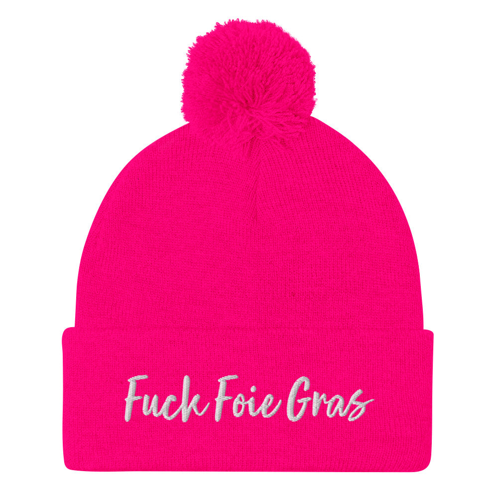 Hot pink Fuck Foie Gras beanie from Nina's Funky Shop by ninanush - Wear this Fuck Foie Gras beanie and bring awareness for the cruel production practices. This activist hat is warm, cozy, and embroidered with the words "Fuck Foie Gras". What is Foie Gras? Foie gras, is a delicacy in French cuisine. It's the liver of a goose or duck that has been fattened through force-feeding.