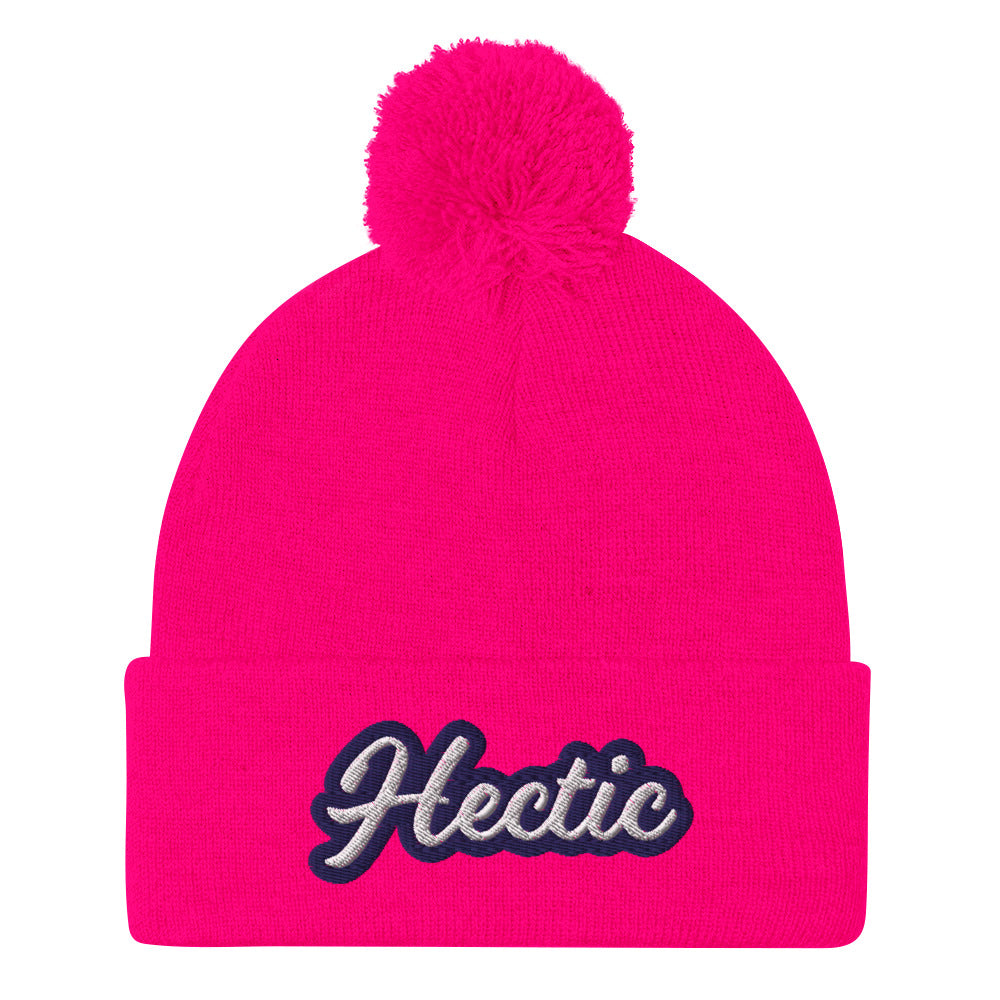 Hot Pink Hectic Beanie from Nina's Funky Shop by ninanush - Hectic ⚡ This unique Hectic Hat is warm, cozy, designed by Nina and made just for you. It's a comfortable unisex hectic beanie with a pom pom on top, expertly embroidered with the word "hectic". The perfect funny accessory for everyday streetwear or gift for that hectic friend.