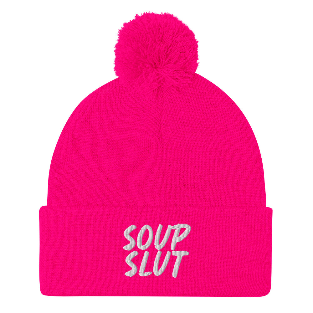 Hot Pink Soup Slut Beanie from Nina's Funky Shop by ninanush - Do you love soup? Looking for a fun gift for a foodie? This warm and cozy, embroidered pom pom beanie is just what you need. Celebrate your favorite foods in style with this funny foodie Beanie with "soup slut" expertly embroidered on the front. Perfect for soup lovers and foodies of all kinds.