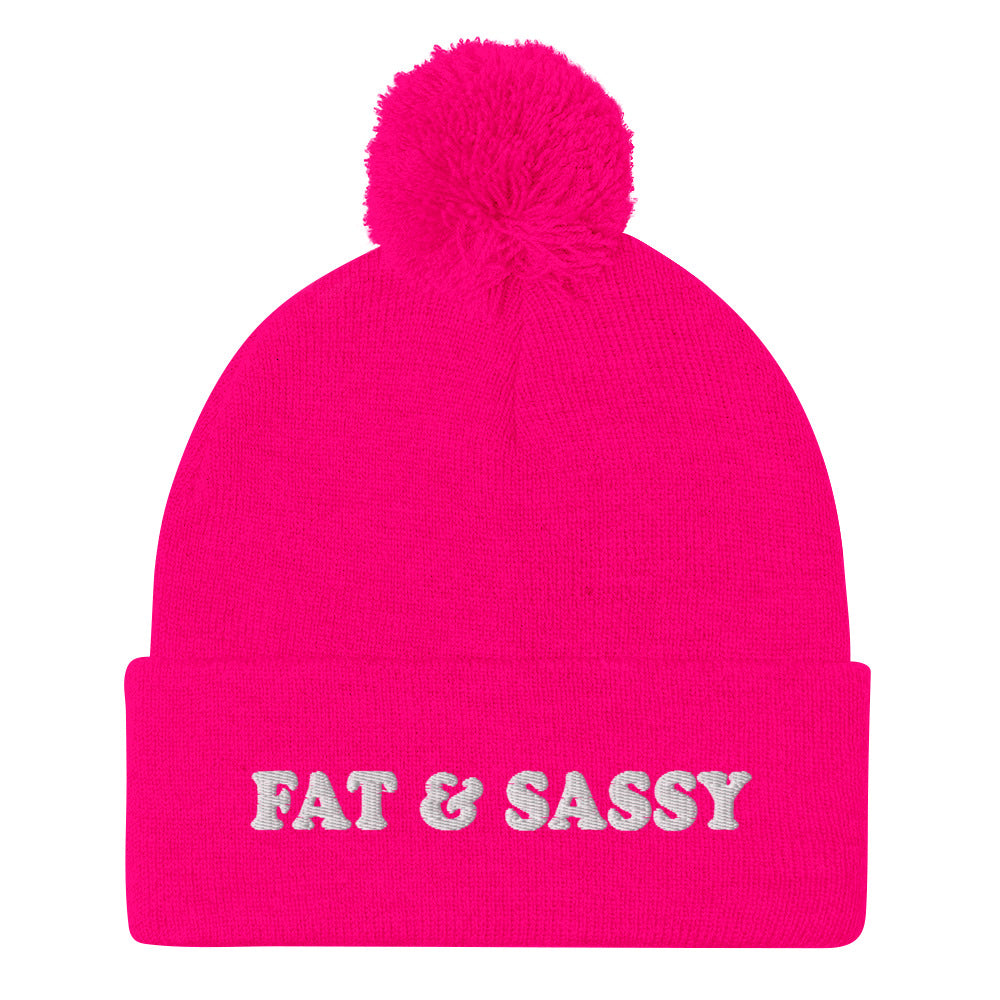 Neon Pink Fat and Sassy Beanie from Nina's Funky Shop by ninanush - Feeling fat and sassy? Looking for a fun gift for friend? This unisex, warm and cozy, embroidered pom pom beanie is just what you need. It's a unique and funny beanie with "Fat & Sassy" expertly embroidered on the front. A perfect hat for foodies of all kinds. Celebrate your favorite foods and passions in our funky apparel by Nina.