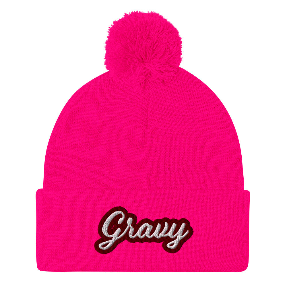 Neon Pink Gravy PomPom Beanie from Nina's Funky Shop by Ninanush - Do you love gravy? Looking for a fun foodie gift? This warm and cozy, embroidered pom pom beanie is just what you need. Eat gravy and celebrate your favorite foods in style with this funny foodie Beanie with "Gravy", expertly embroidered on the front. Perfect for gravy lovers and foodies of all kinds.
