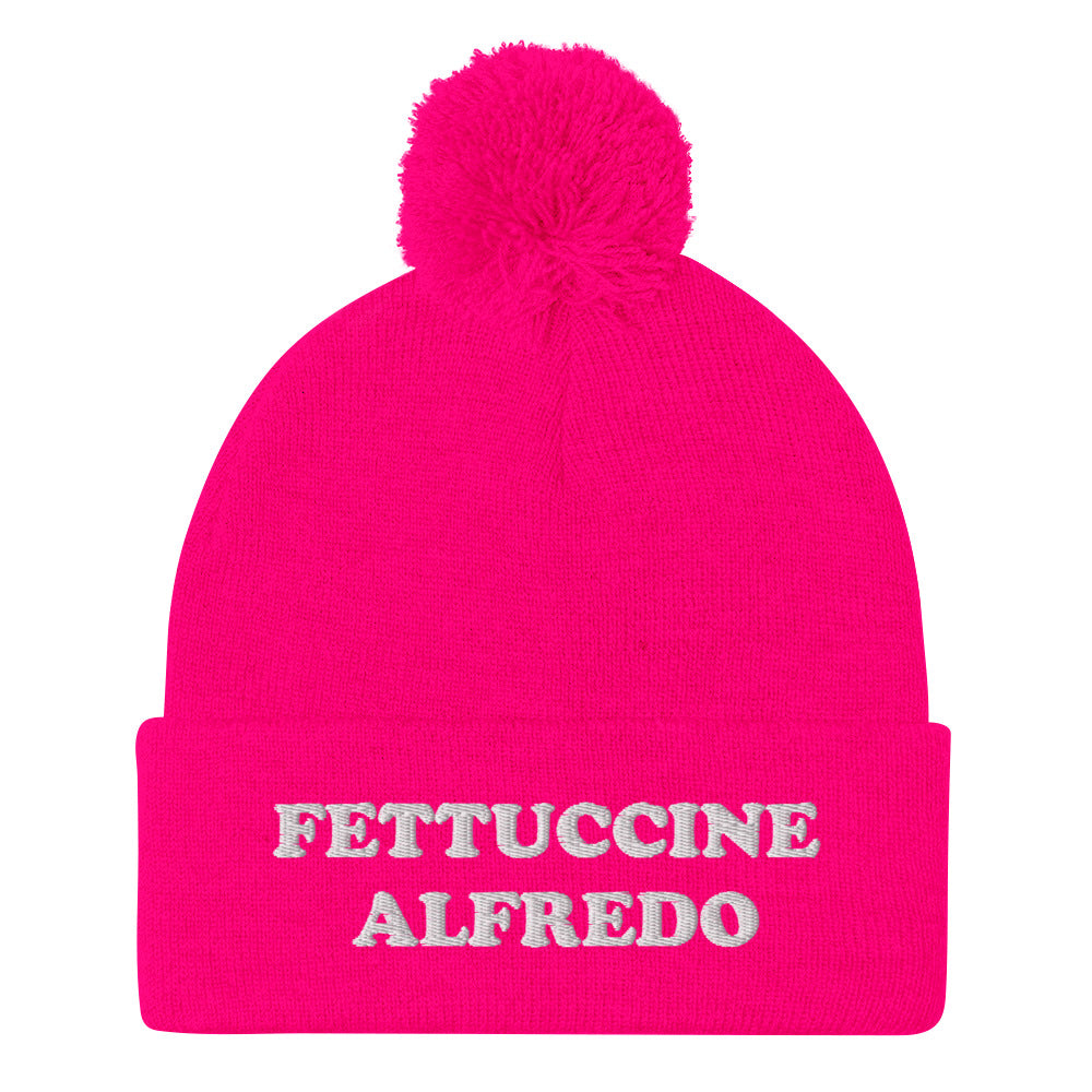 Neon Pink Fettuccine Alfredo Pom Pom Beanie from Nina's Funky Shop by ninanush - Do you love Fettuccine Alfredo? Looking for a funny foodie gift? This warm and cozy, embroidered beanie is just what you need. It's a classic pom pom beanie with "Fettuccine Alfredo", expertly embroidered on the front. The perfect funny beanie for pasta lovers, fettuccine Alfredo enthusiasts and foodies of all kinds.