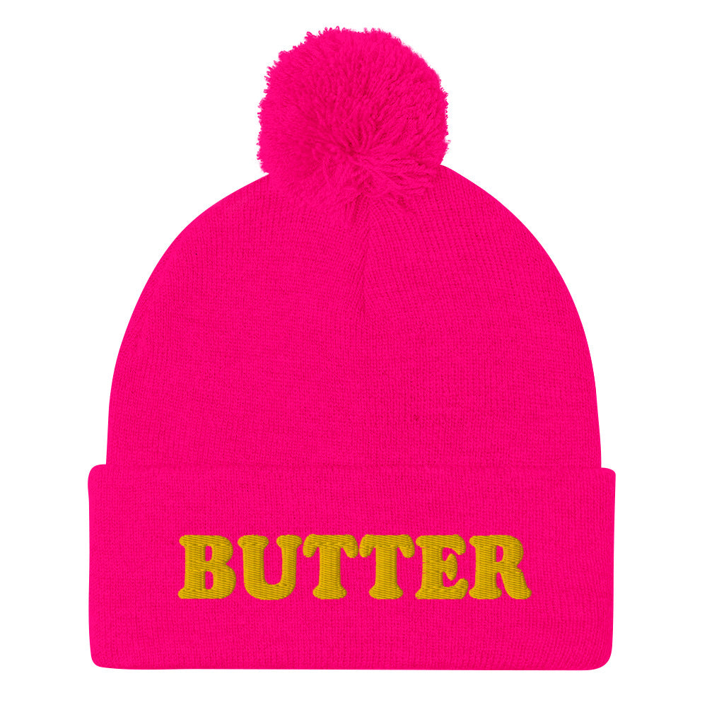 Neon Pink Butter Beanie - Do you love butter? Looking for a funny gift for a butter enthusiast? This warm and cozy, embroidered beanie is just what you need. It's a classic pom pom beanie with "butter", expertly embroidered on the front. The perfect funny beanie for butter lovers and foodies of all kinds. Celebrate your favorite foods in our funky foodie apparel.