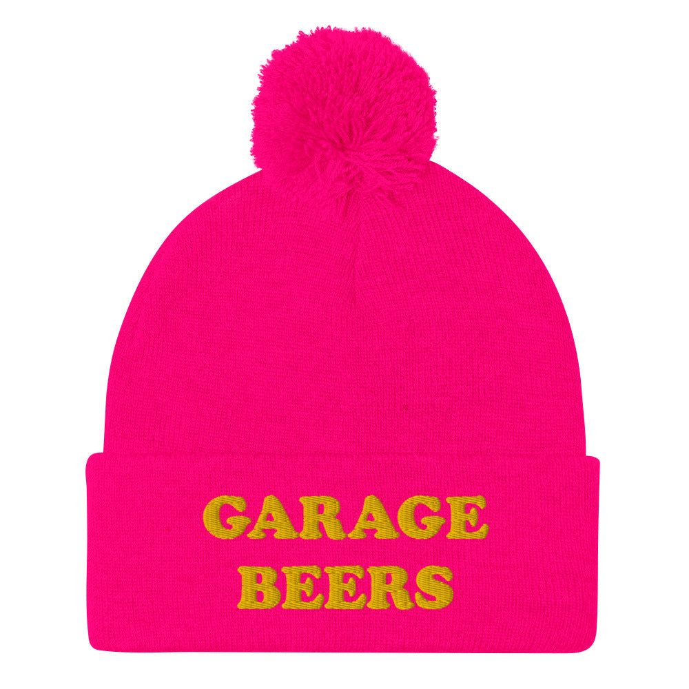 Neon Pink Garage Beers Beanie from Nina's Funky Shop - Love beer? Looking for a funny gift for a friend? This warm and cozy, embroidered beer beanie is just what you need. It's a classic pom pom beanie with "garage beers", expertly embroidered on the front. The perfect funny beanie for beer lovers. Celebrate your favorite foods in our funky foodie apparel.