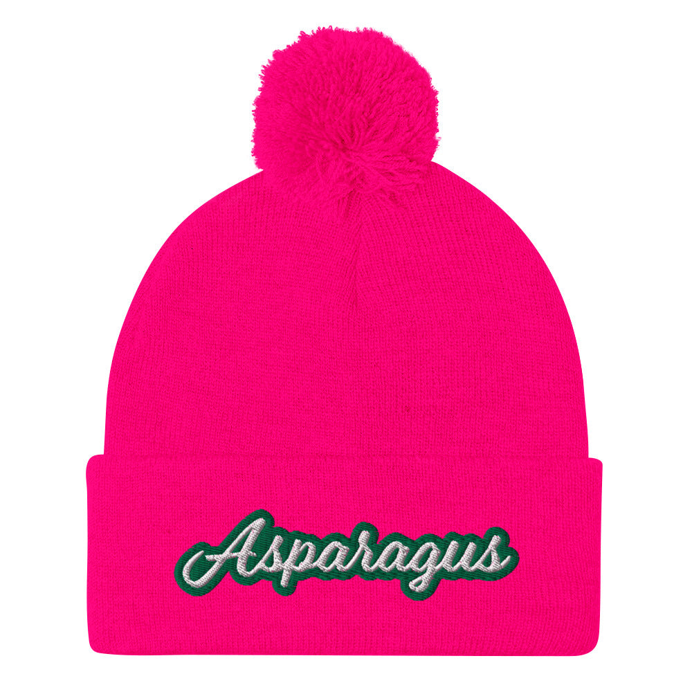 Pink Asparagus Beanie. A Sarcastic Hat for Vegetarians - Veggie enthusiast? Looking for a funny gift? This Asparagus Hat is just what you need! It's a warm and cozy beanie with a classic pom pom on top and "Asparagus", expertly embroidered on the front. Designed by Nina and made just for you! Looking for something personalized? A different embroidery color? Shoot us an email or check out our customizable apparel!