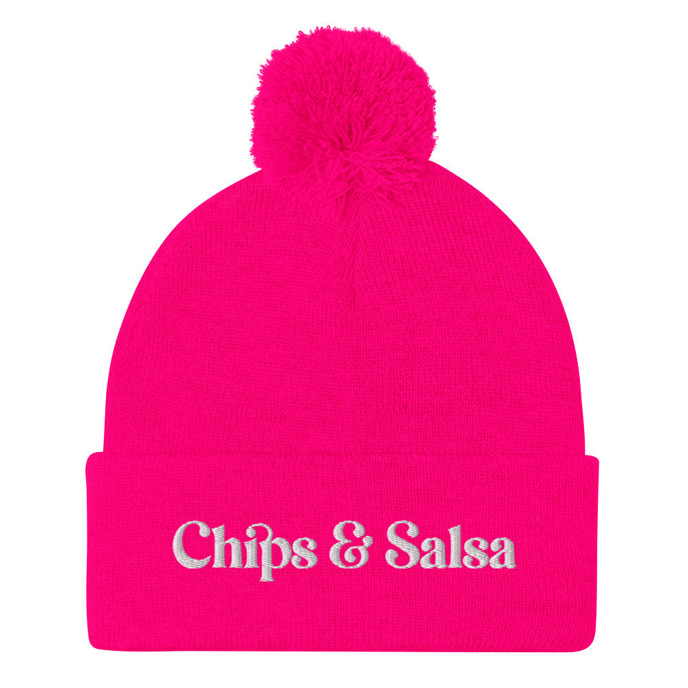 Neon Pink Chips and Salsa Beanie - Love chips and salsa? Looking for a gift for a salsa enthusiast? This funny beanie is cozy, comfortable and made just for you. It's a classic pom pom beanie with a funny embroidered design. Celebrate your favorite foods in our chips and salsa hat. Looking for something personalized? A different embroidery color? Shoot us an email or check out our customizable apparel!