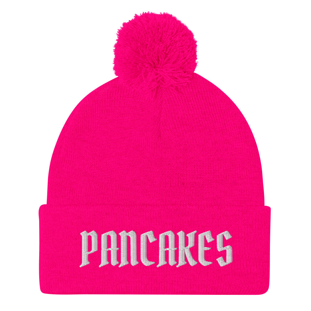 Neon Pink pancakes beanie - Are you a pancake enthusiast? Celebrate your favorite food in our funny beanies for foodies and beyond. Our Pancake Beanie is comfortable, comes in a variety of colors and is made just for you! Looking for something personalized? A different embroidery color? Shoot us an email or check out our customizable apparel!