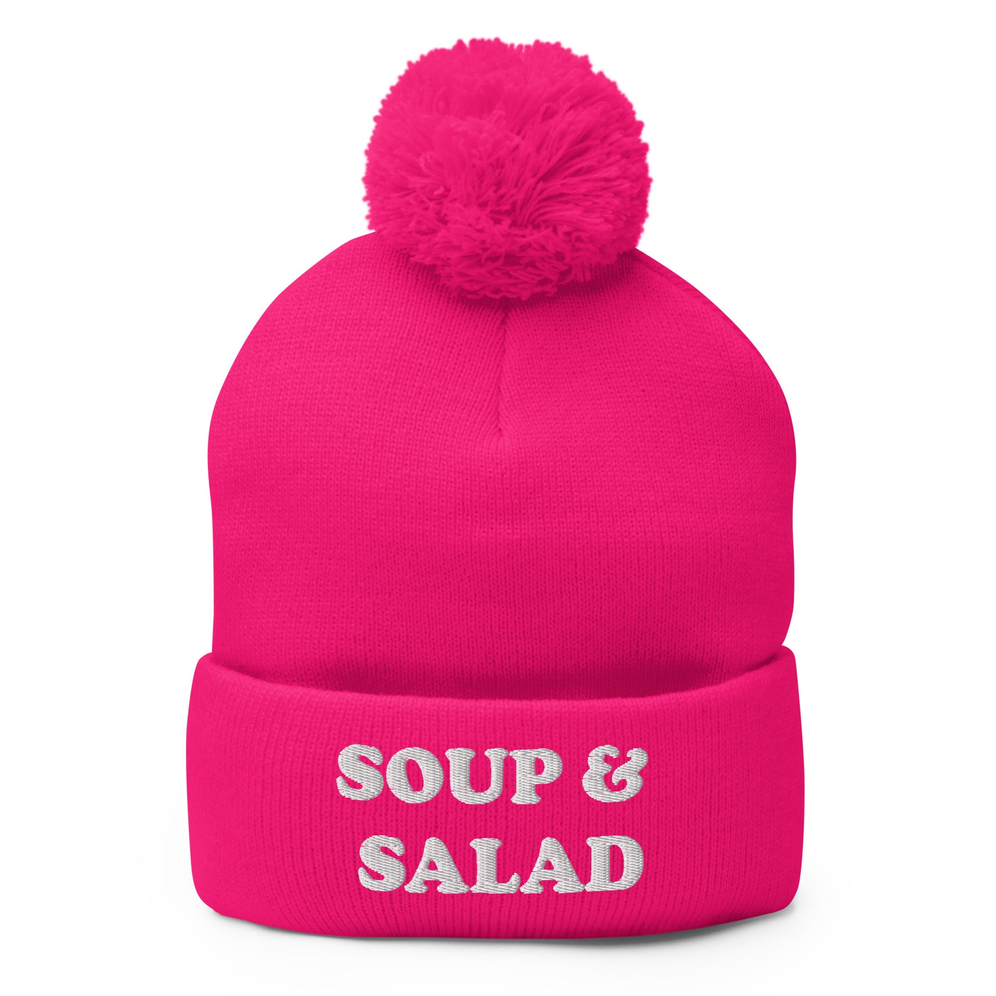 Pink Soup and Salad Beanie - Our Soup And Salad Beanie is warm, cozy and made just for you. It's a classic beanie with a pom pom on top. The perfect hat for everyday streetwear or a funny gift for a friend.