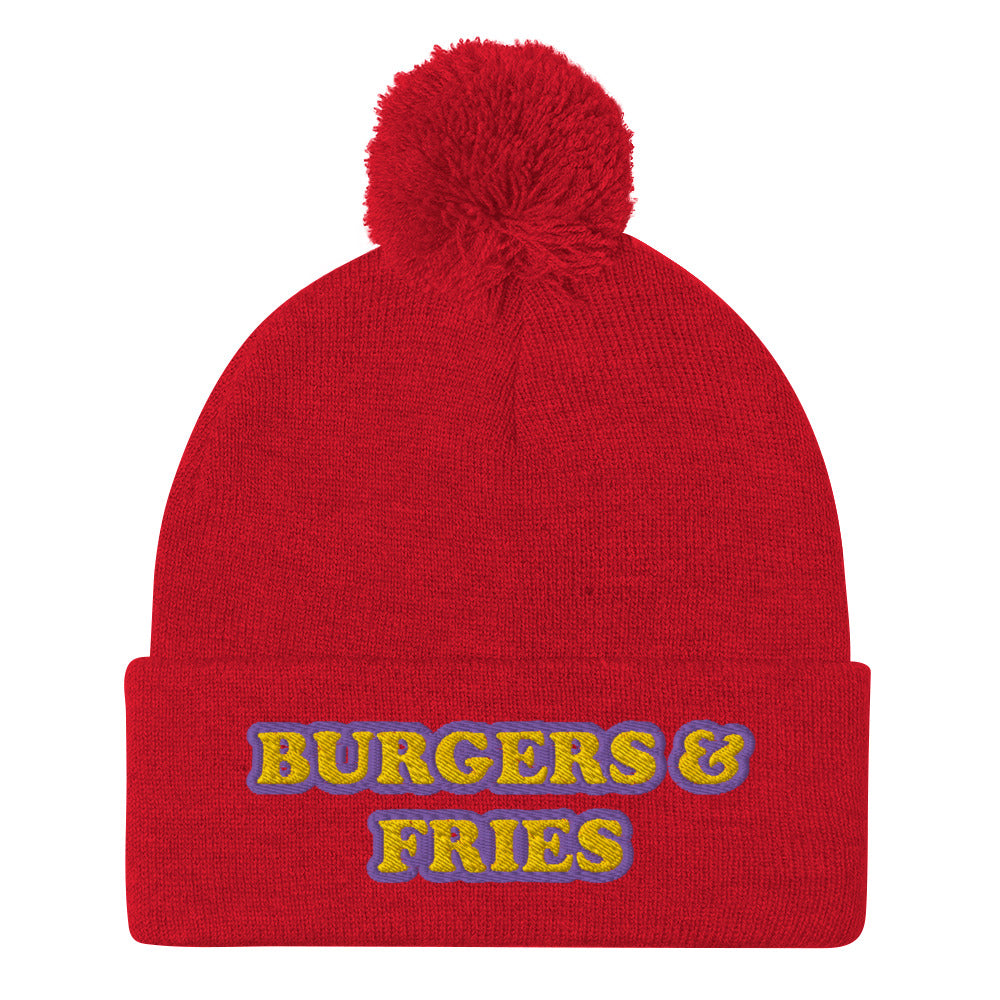 Red beanie with funny embroidery - Eat burgers in style in this burger enthusiast beanie for burger and fries lovers. It's a funny food beanie that's warm, cozy and made just for you. This yellow and purple embroidered beanie has a pom pom on top and comes in various colors. It's a weird beanie for burger lovers and a funny gift for foodies of all kinds.