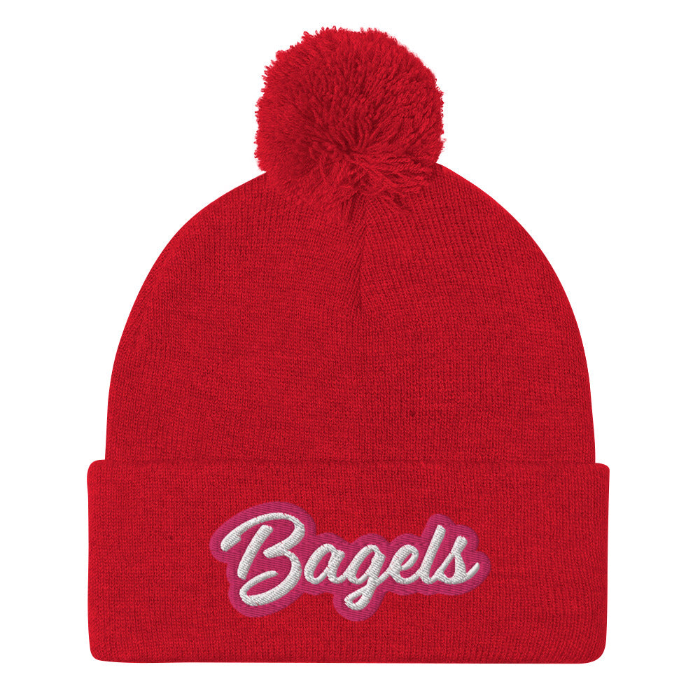 Red, pink and white beanie for bagel lovers - Calling all bagel babes! Stay warm and make a statement in our pink and white embroidered beanie for bagel lovers. This funny foodie hat stands out and comes in a variety of colors. It's a unique bagel beanie that's comfortable and made just for you. Eat bagels in style or give it as a funny gift for bagel enthusiasts. 