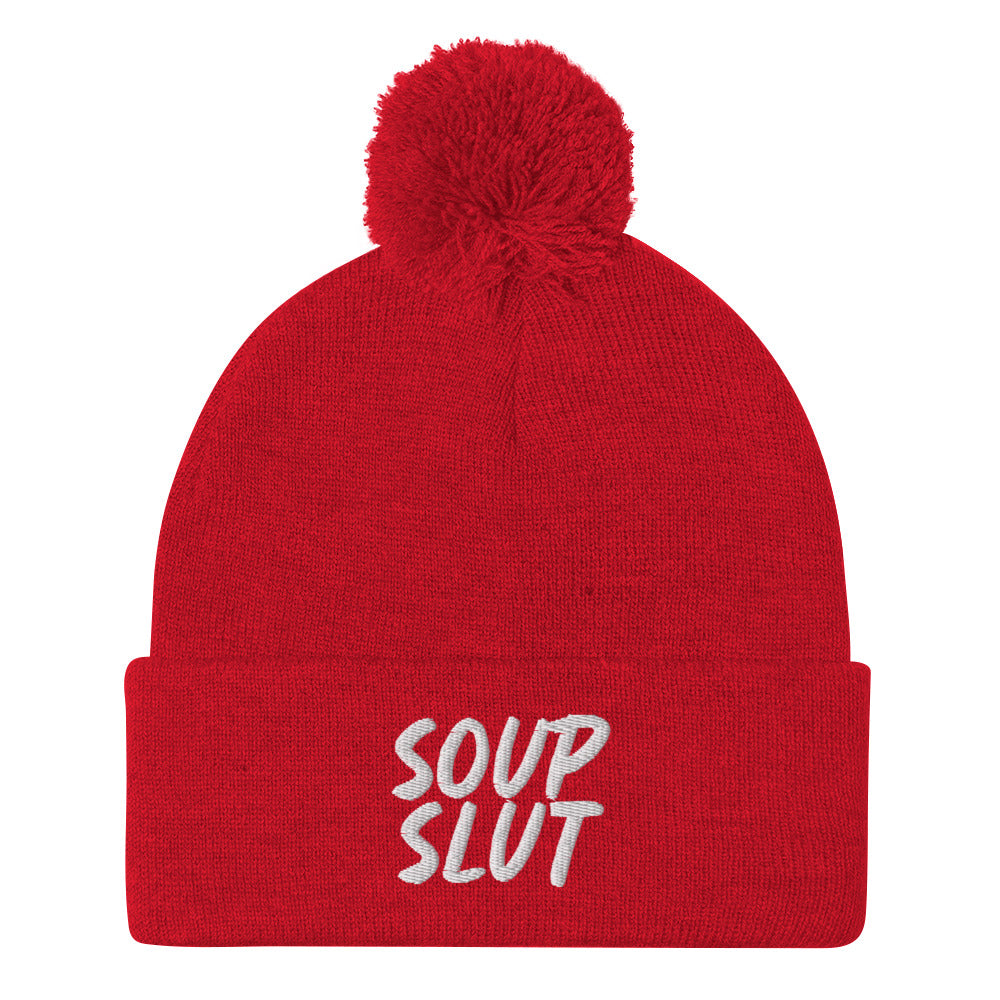 Red Soup Slut Beanie from Nina's Funky Shop by ninanush - Do you love soup? Looking for a fun gift for a foodie? This warm and cozy, embroidered pom pom beanie is just what you need. Celebrate your favorite foods in style with this funny foodie Beanie with "soup slut" expertly embroidered on the front. Perfect for soup lovers and foodies of all kinds.