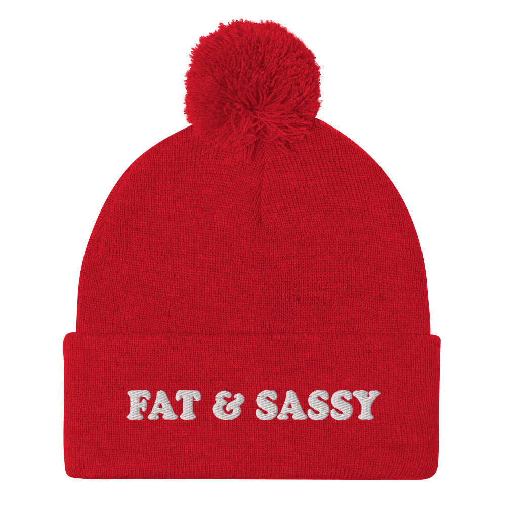 Red Fat and Sassy Beanie from Nina's Funky Shop by ninanush - Feeling fat and sassy? Looking for a fun gift for friend? This unisex, warm and cozy, embroidered pom pom beanie is just what you need. It's a unique and funny beanie with "Fat & Sassy" expertly embroidered on the front. A perfect hat for foodies of all kinds. Celebrate your favorite foods and passions in our funky apparel by Nina.