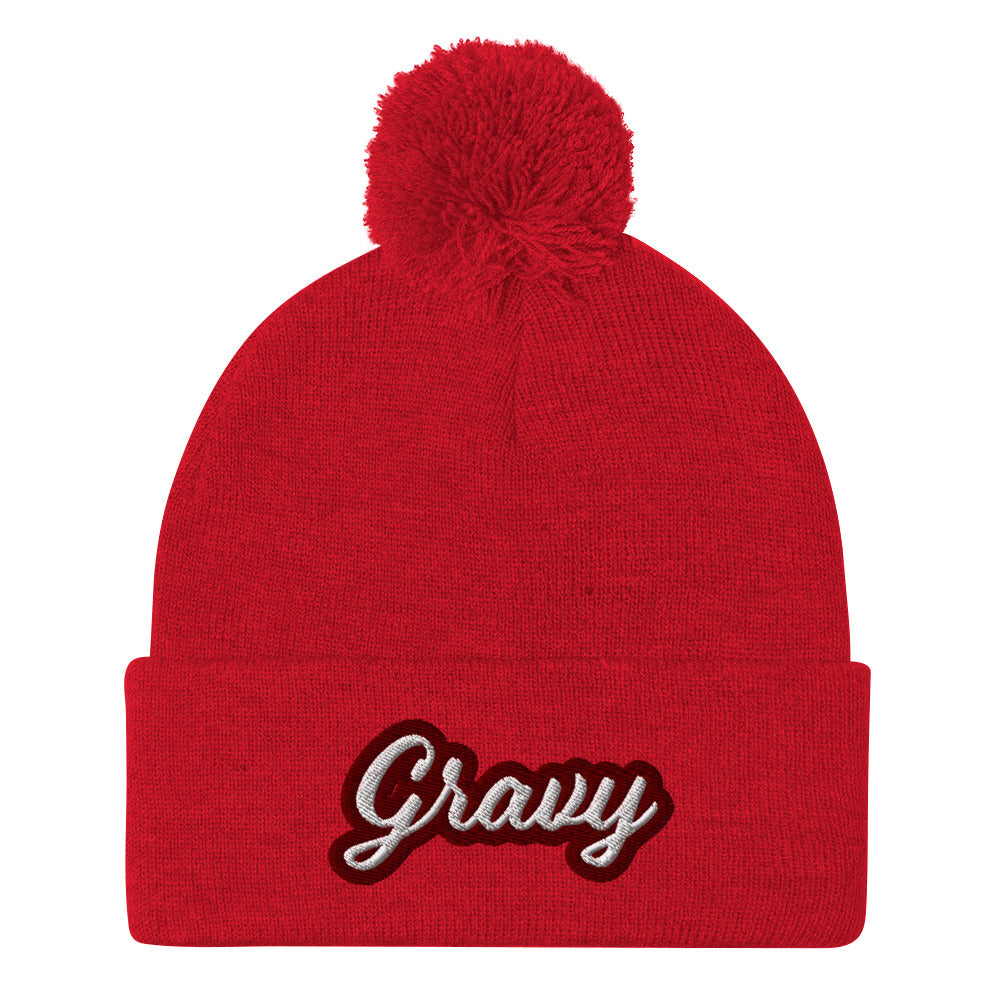 Red Gravy PomPom Beanie from Nina's Funky Shop by Ninanush - Do you love gravy? Looking for a fun foodie gift? This warm and cozy, embroidered pom pom beanie is just what you need. Eat gravy and celebrate your favorite foods in style with this funny foodie Beanie with "Gravy", expertly embroidered on the front. Perfect for gravy lovers and foodies of all kinds.