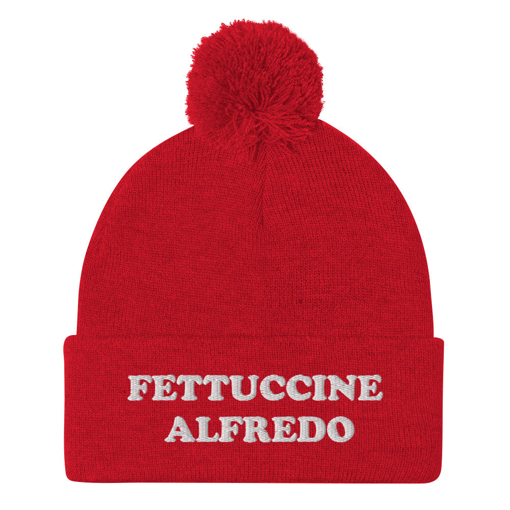 Red Fettuccine Alfredo Pom Pom Beanie from Nina's Funky Shop by ninanush - Do you love Fettuccine Alfredo? Looking for a funny foodie gift? This warm and cozy, embroidered beanie is just what you need. It's a classic pom pom beanie with "Fettuccine Alfredo", expertly embroidered on the front. The perfect funny beanie for pasta lovers, fettuccine Alfredo enthusiasts and foodies of all kinds.