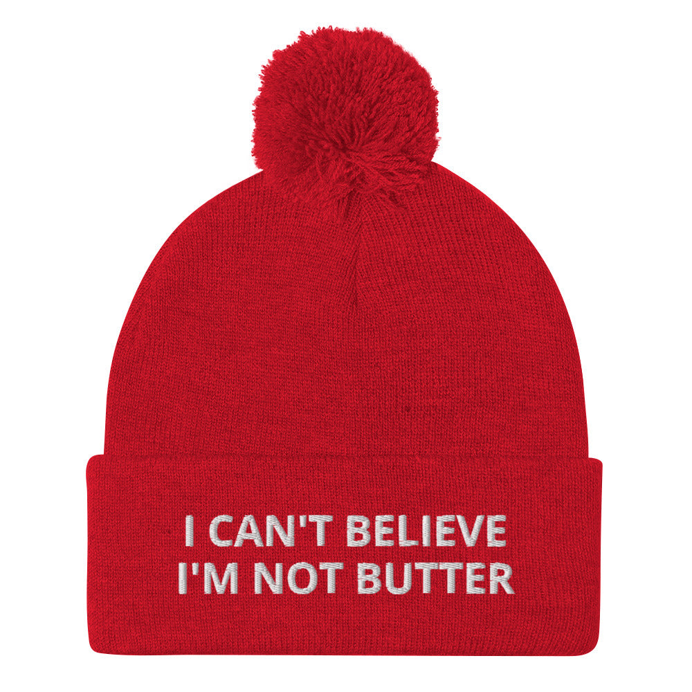 Red Embroidered Beanie with I can't believe it's not butter from Nina's Funky Shop - Are you a butter lover? Looking for a funny gift for a foodie? This warm and cozy, embroidered beanie is just what you need. It's a classic beanie with "I can't believe I'm not butter" on the front. A perfect beanie for butter enthusiasts and foodies of all kinds. Celebrate your favorite foods in our funky foodie apparel.