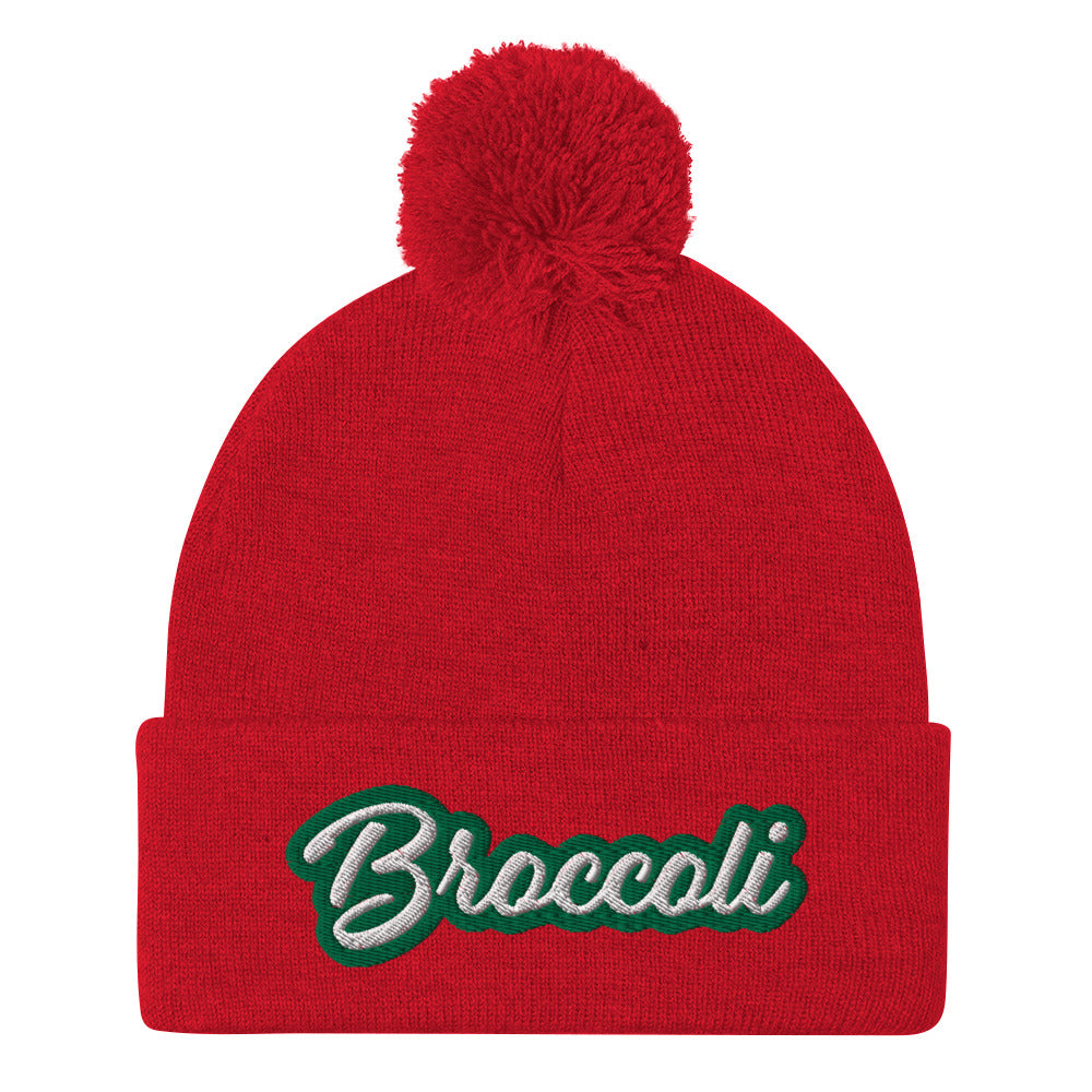 Red Broccoli Beanie - Love broccoli? Looking for a weird gift for a foodie? This broccoli hat is just for you! It's a warm and cozy beanie with a classic pom pom on top and "broccoli", expertly embroidered on the front.