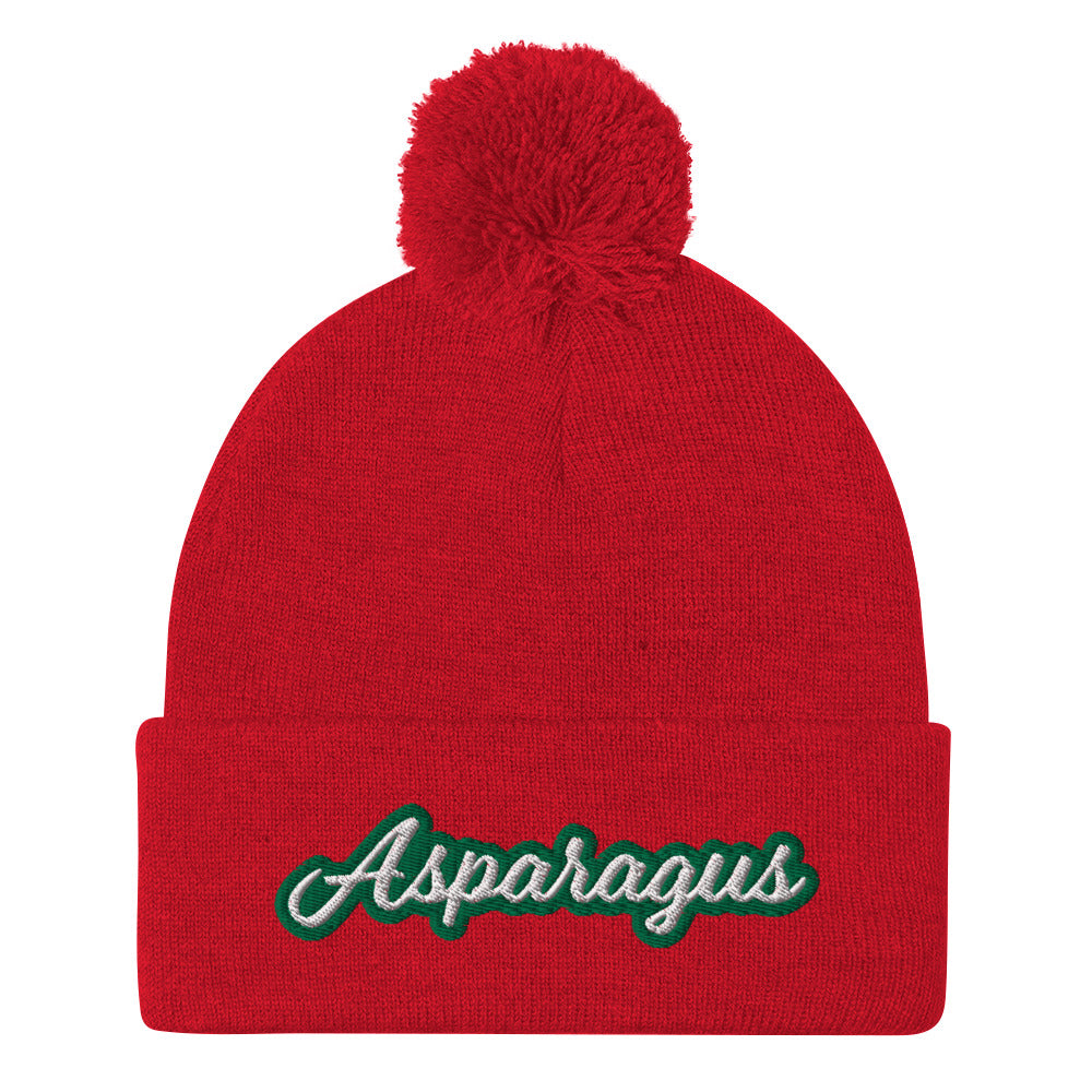 Red Asparagus Beanie. A Sarcastic Hat for Vegetarians - Veggie enthusiast? Looking for a funny gift? This Asparagus Hat is just what you need! It's a warm and cozy beanie with a classic pom pom on top and "Asparagus", expertly embroidered on the front. Designed by Nina and made just for you! Looking for something personalized? A different embroidery color? Shoot us an email or check out our customizable apparel!