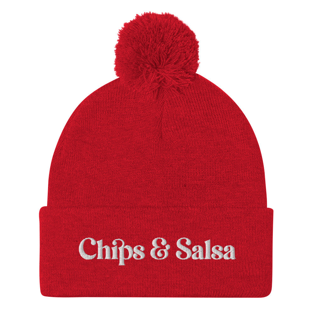 Red Chips and Salsa Beanie - Love chips and salsa? Looking for a gift for a salsa enthusiast? This funny beanie is cozy, comfortable and made just for you. It's a classic pom pom beanie with a funny embroidered design. Celebrate your favorite foods in our chips and salsa hat. Looking for something personalized? A different embroidery color? Shoot us an email or check out our customizable apparel!