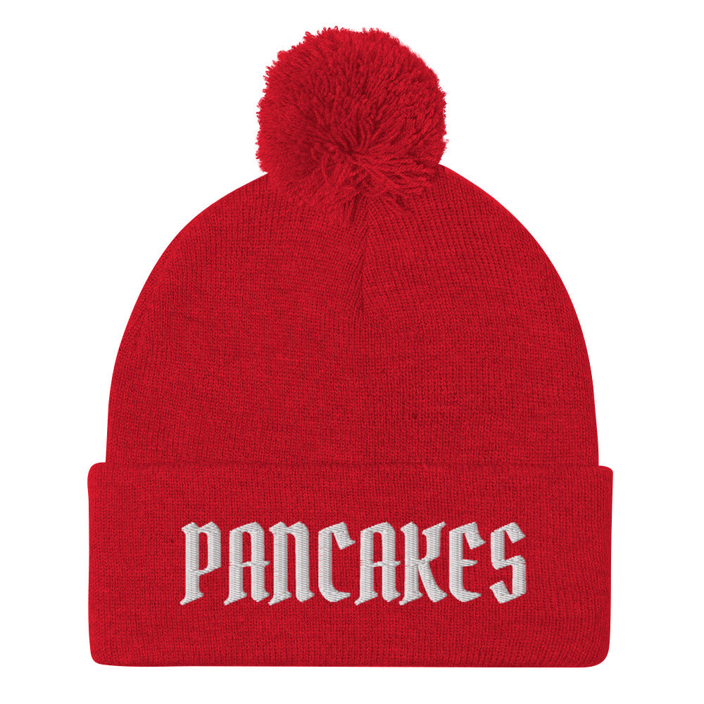 Red pancakes beanie - Are you a pancake enthusiast? Celebrate your favorite food in our funny beanies for foodies and beyond. Our Pancake Beanie is comfortable, comes in a variety of colors and is made just for you! Looking for something personalized? A different embroidery color? Shoot us an email or check out our customizable apparel!