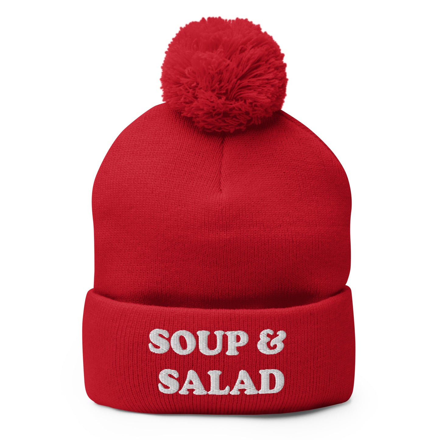 Red Soup and Salad Beanie - Our Soup And Salad Beanie is warm, cozy and made just for you. It's a classic beanie with a pom pom on top. The perfect hat for everyday streetwear or a funny gift for a friend.