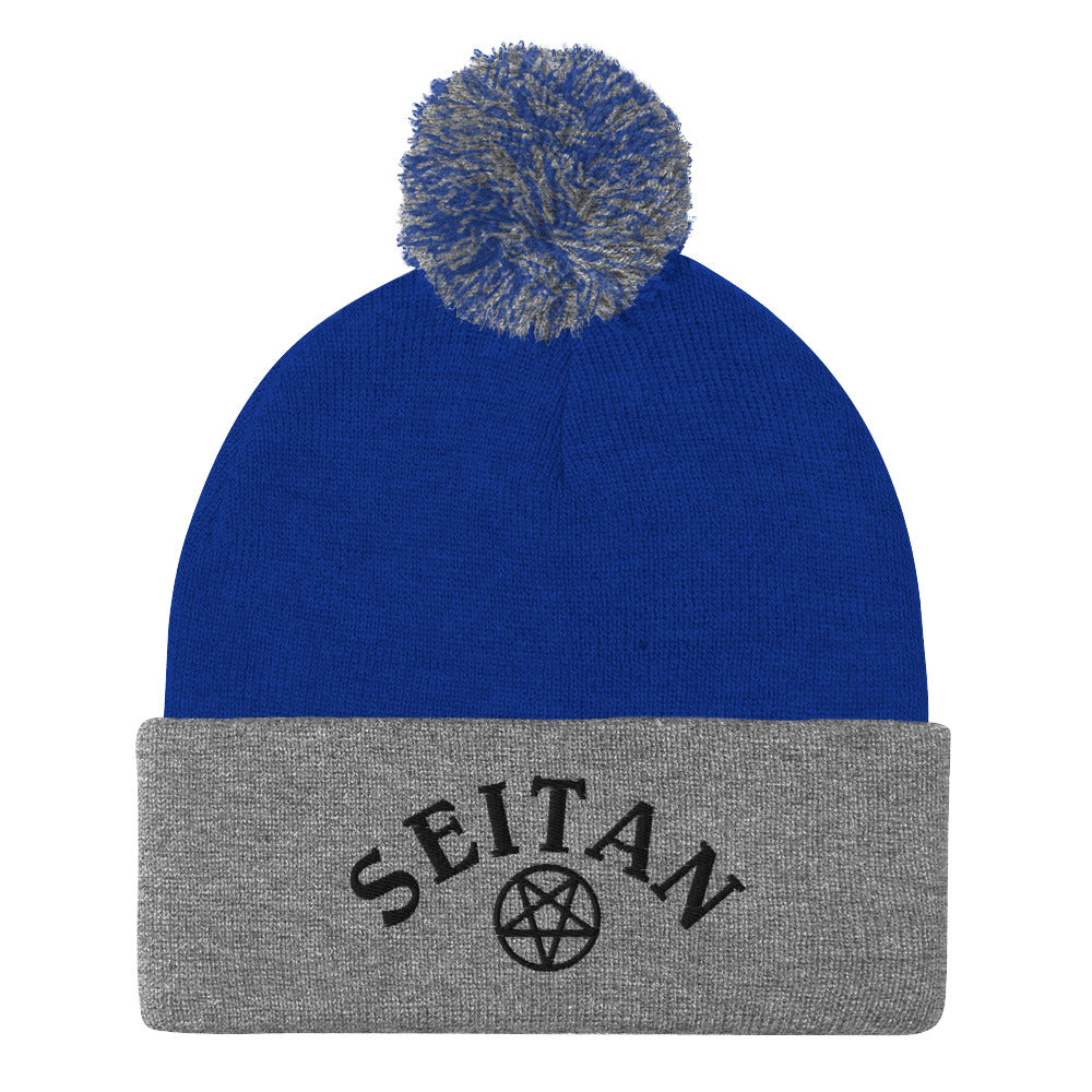 Blue and gray seitan beanie from Nina's Funky Shop by ninanush - A funny seitan hat for plant based babes and foodies of all kinds! Stay warm and make a statement in our embroidered sarcastic seitan beanie. Eat your next vegan meal in this funny plant based foodie hat or give it as a funny gift for a vegan. Make a statement in a warm and cozy unisex seitan beanie made just for you.