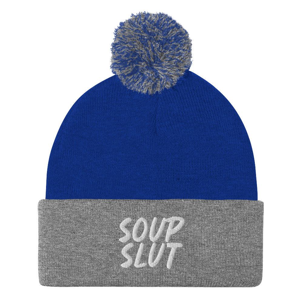 Royal Blue and Gray Soup Slut Beanie from Nina's Funky Shop by ninanush - Do you love soup? Looking for a fun gift for a foodie? This warm and cozy, embroidered pom pom beanie is just what you need. Celebrate your favorite foods in style with this funny foodie Beanie with "soup slut" expertly embroidered on the front. Perfect for soup lovers and foodies of all kinds.