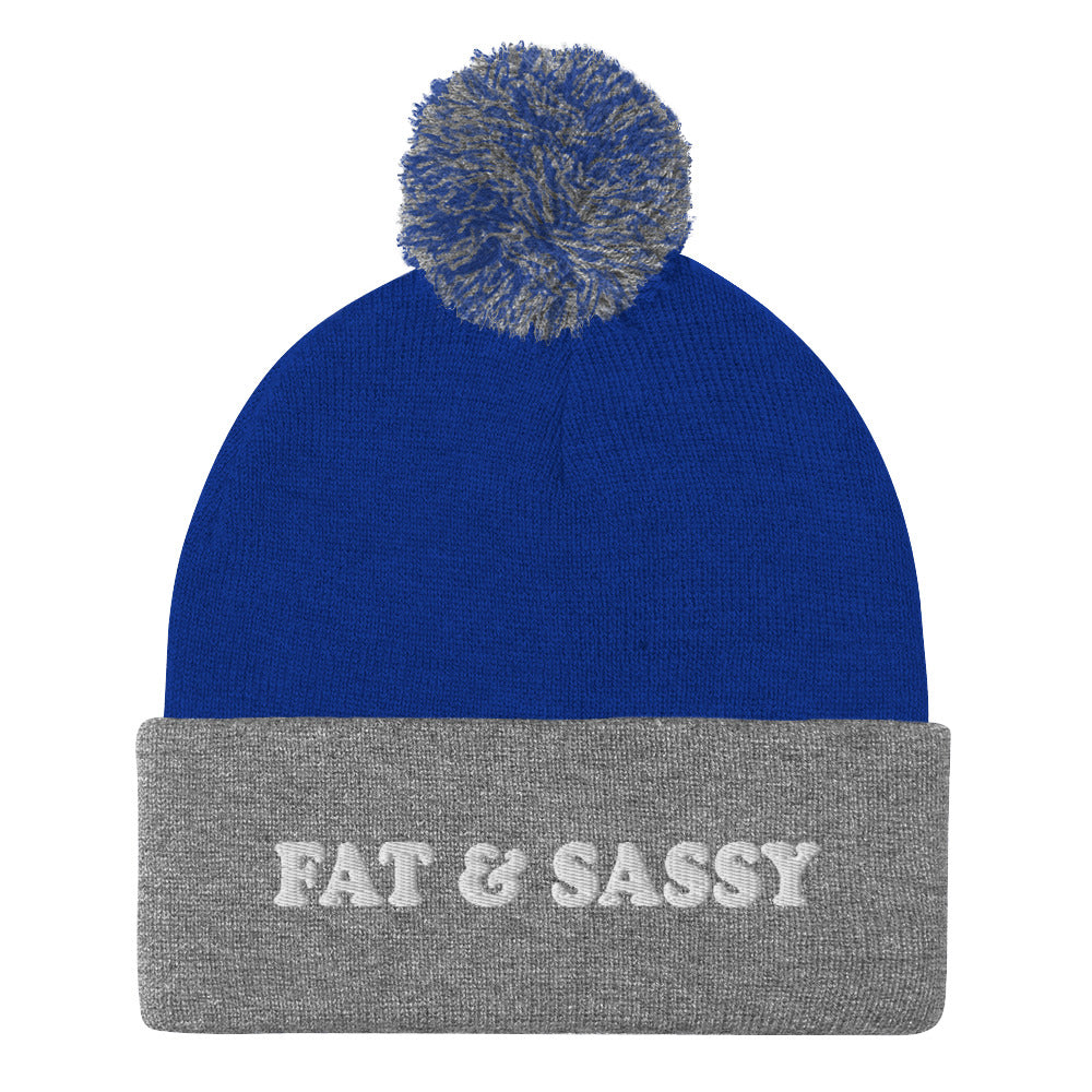 Royal Blue and Gray Fat and Sassy Beanie from Nina's Funky Shop by ninanush - Feeling fat and sassy? Looking for a fun gift for friend? This unisex, warm and cozy, embroidered pom pom beanie is just what you need. It's a unique and funny beanie with "Fat & Sassy" expertly embroidered on the front. A perfect hat for foodies of all kinds. Celebrate your favorite foods and passions in our funky apparel by Nina.