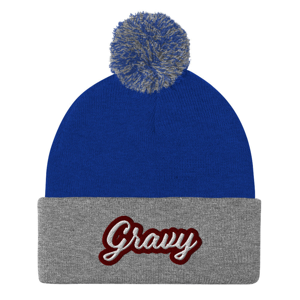 Royal Blue Gravy PomPom Beanie from Nina's Funky Shop by Ninanush - Do you love gravy? Looking for a fun foodie gift? This warm and cozy, embroidered pom pom beanie is just what you need. Eat gravy and celebrate your favorite foods in style with this funny foodie Beanie with "Gravy", expertly embroidered on the front. Perfect for gravy lovers and foodies of all kinds.