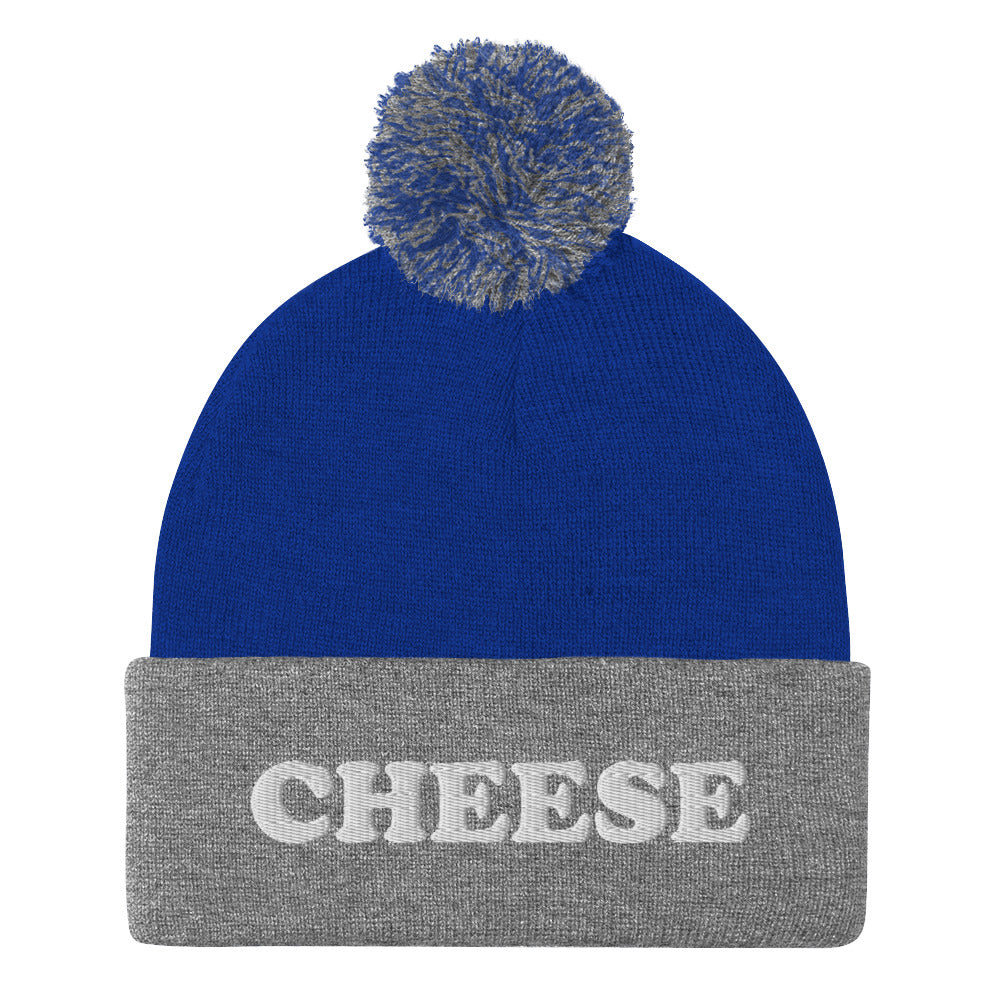 Royal Blue and Gray Embroidered Cheese Beanie from Nina's Funky Shop by ninanush - Do you love cheese? Looking for a funny foodie gift? This warm and cozy, embroidered beanie is just what you need. It's a classic pom pom beanie with "Cheese", expertly embroidered on the front. The perfect funny beanie for cheese lovers and foodies of all kinds. Eat cheese in style in our funky cheese enthusiast hats.