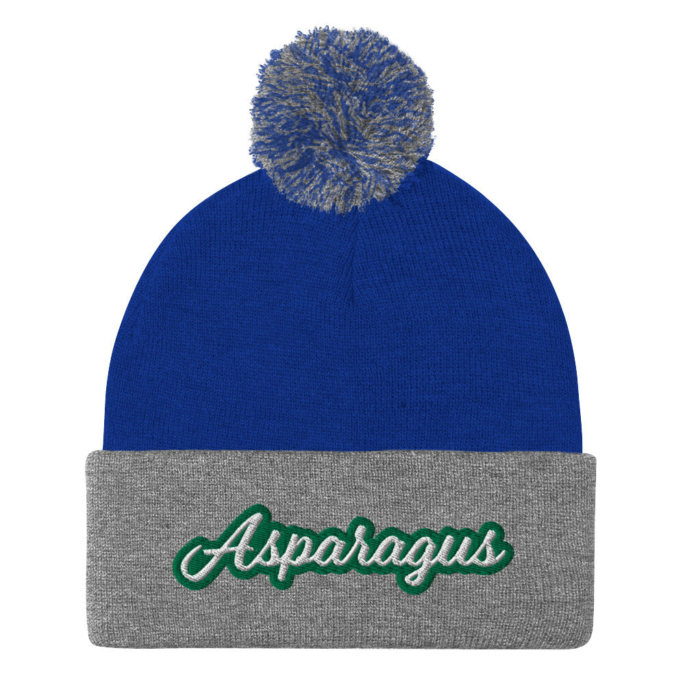 Royal Blue and Gray Asparagus Beanie. A Sarcastic Hat for Vegetarians - Veggie enthusiast? Looking for a funny gift? This Asparagus Hat is just what you need! It's a warm and cozy beanie with a classic pom pom on top and "Asparagus", expertly embroidered on the front. Designed by Nina and made just for you! Looking for something personalized? A different embroidery color? Shoot us an email or check out our customizable apparel!