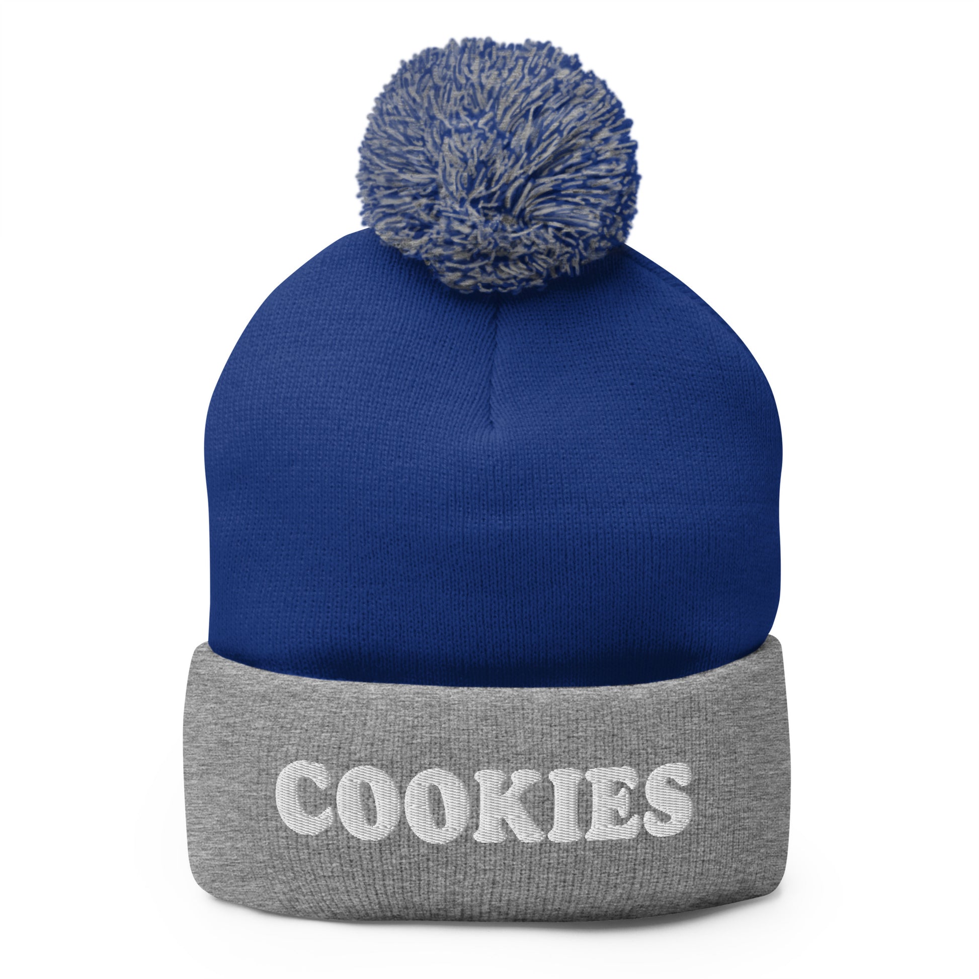 Royal Blue and Gray Cookies Beanie - Love cookies? Looking for a funny gift for a foodie? Our Cookies Beanie is comfortable, cozy and expertly embroidered just for you. It's a classic beanie with a pom pom on top, perfect for everyday streetwear for cookie lovers and foodies of all kinds.