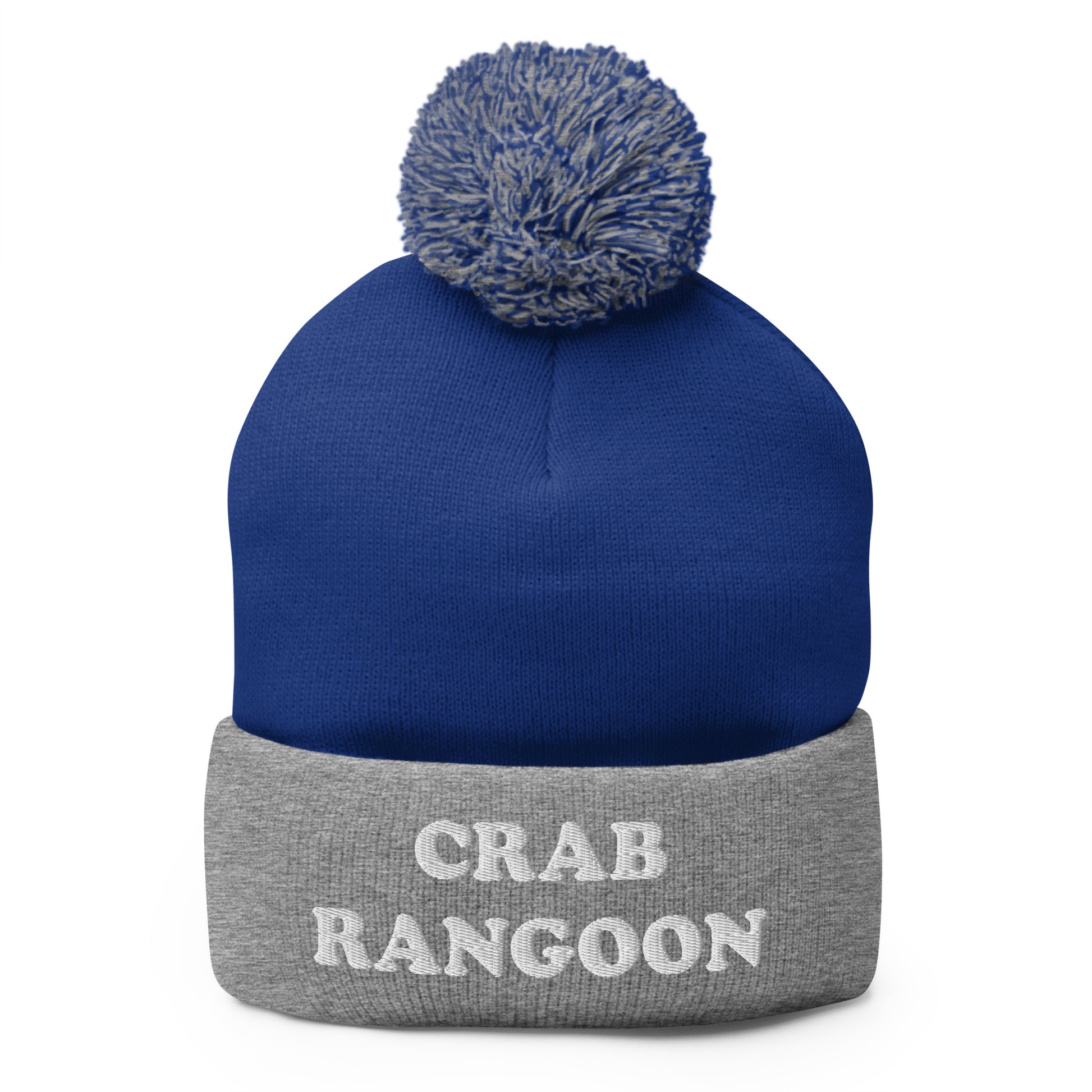 Gray and Blue Crab Rangoon Beanie - Love Crab Rangoon? Looking for a funny gift for a foodie? Our Crab Rangoon Beanie is comfortable, cozy and expertly embroidered just for you. It's a classic beanie with a pom pom on top. Perfect for everyday streetwear for Crab Rangoon lovers and foodies of all kinds.