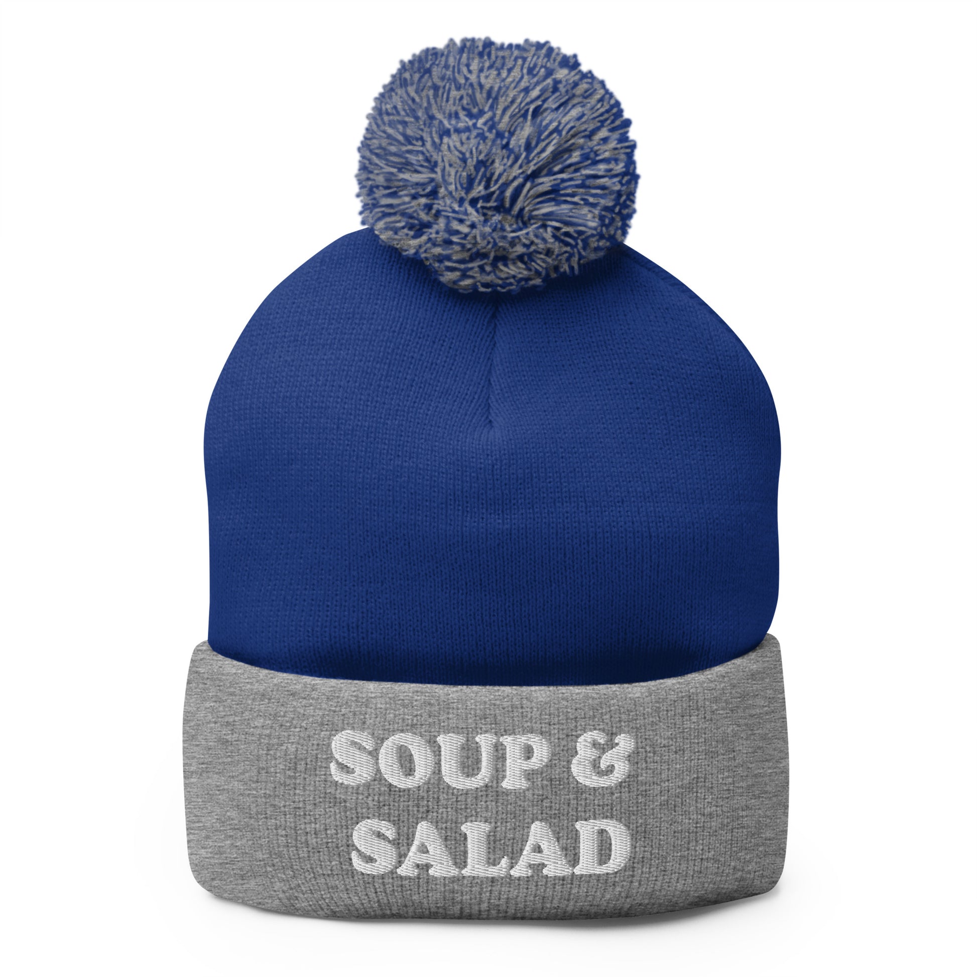 Blue and Gray Soup and Salad Beanie - Our Soup And Salad Beanie is warm, cozy and made just for you. It's a classic beanie with a pom pom on top. The perfect hat for everyday streetwear or a funny gift for a friend.