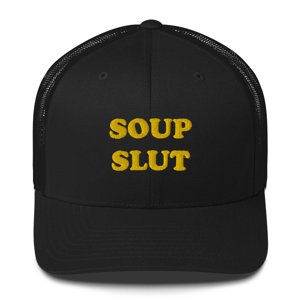 Black soup slut hat from Nina's Funky Shop by ninanush - Do you love soup? Looking for a funny gift for a soup lover? This Soup Slut Trucker Hat is comfortable, comes in a variety of colors and has a convenient adjustable closure. It's a funny trucker hat with "soup slut", expertly embroidered on the front. The perfect hat for soup enthusiasts and foodies of all kinds.