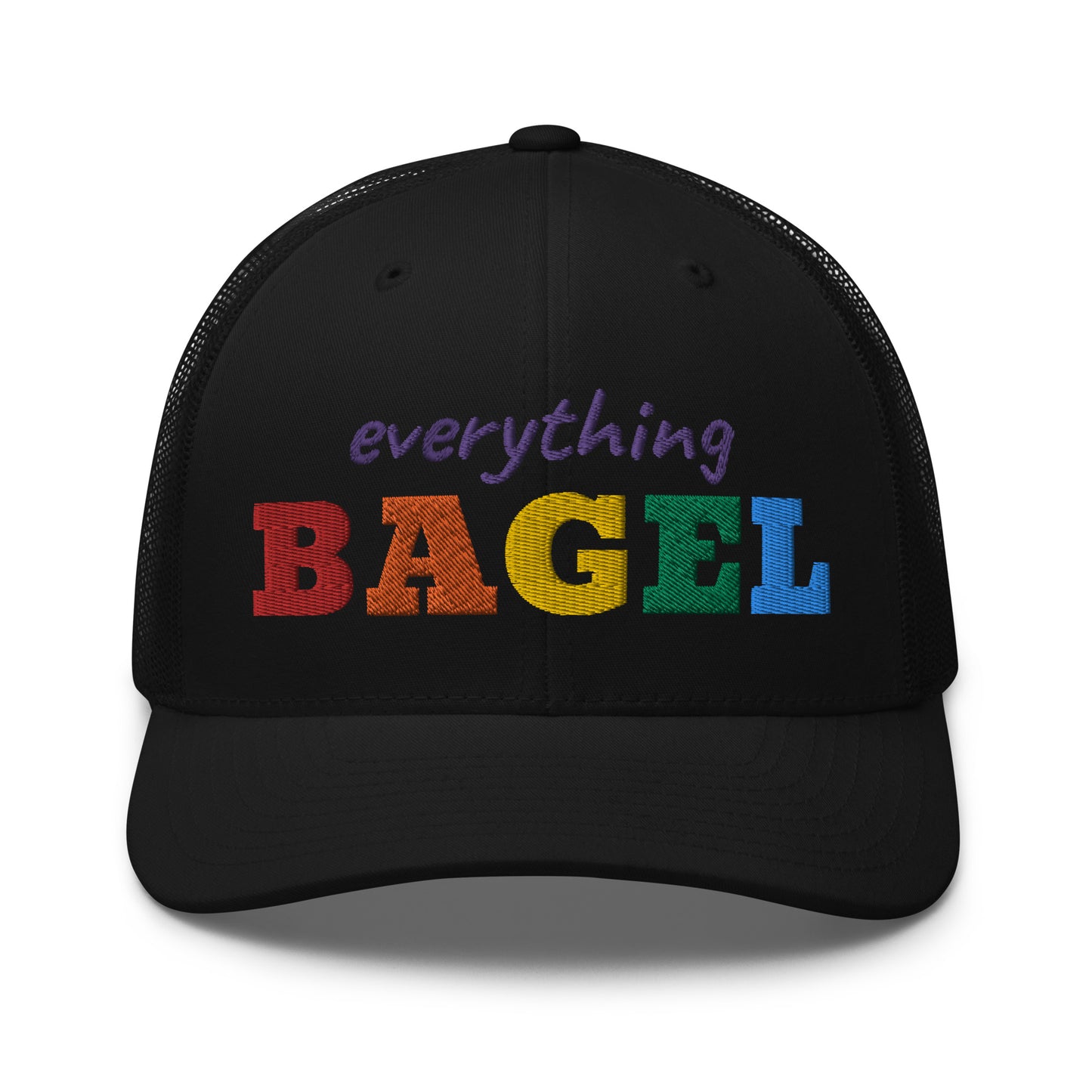 Black Trucker Hat for Pride  - Our Everything Bagel Pride Bucket Hat is sure to turn heads and have everyone asking, "Where'd you get that hat?" It's comfortable, adjustable and comes in a variety of colors with a funny rainbow design for pride. Looking for something personalized? Shoot us an email! 