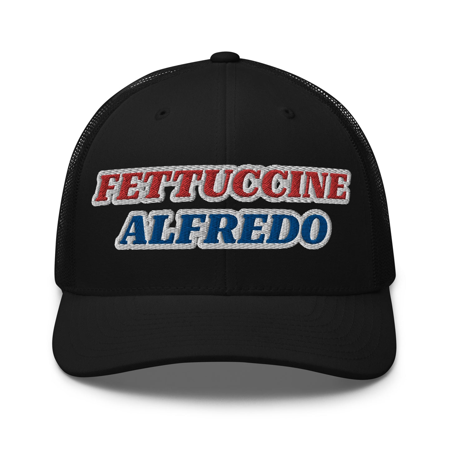 Black Fettuccine Alfredo Hat - Love Fettuccine Alfredo? Make a statement in our Fettuccine Alfredo trucker hat. It's a classic trucker hat with a funny red, white and blue design, expertly embroidered on the front.