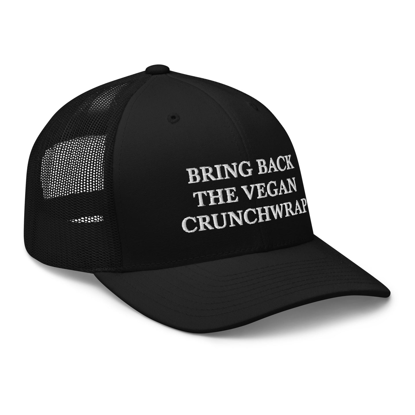 Black Bring Back The Vegan Crunchwrap Trucker Hat from Nina's Funky Shop by ninanush - Did you have a change to try the Tacobell vegan crunchwrap? Need a funny vegan foodie gift? This Bring Back The Vegan Crunchwrap Hat is comfortable, comes in a variety of colors and has a convenient adjustable closure. It's a fun vegan hat that's expertly embroidered and a perfect funny accessory for plant based babes.