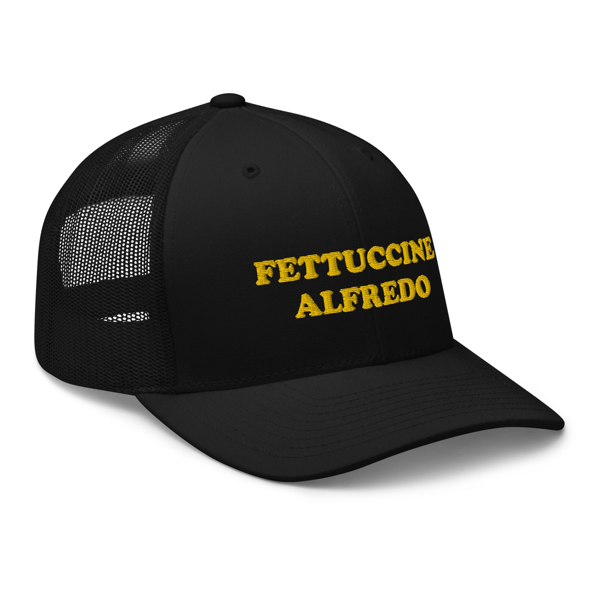 Black Fettuccine Alfredo Trucker Hat from Nina's Funky Shop by ninanush - This "FETTUCCINE ALFREDO" trucker cap with a mesh back is a comfortable and classic hat. This funky pasta hat is a funny hat that's a perfect funny gift for pasta lovers. The fettuccine alfredo hat is unique and weird. We also have a fettuccine alfredo beanie and dad hat! Shop funny hats, foodie gifts, and more.