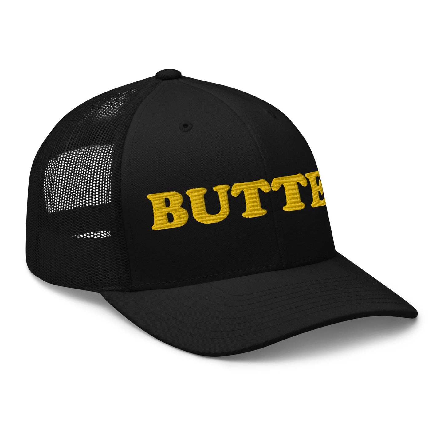 Black butter trucker hat - Are you a butter enthusiast? Looking for a funny gift? Our Butter Hat is comfortable and made just for you. It comes in a variety of colors with "butter", expertly embroidered on the front. Make a statement and eat your favorite buttery foods in our butter trucker hat.