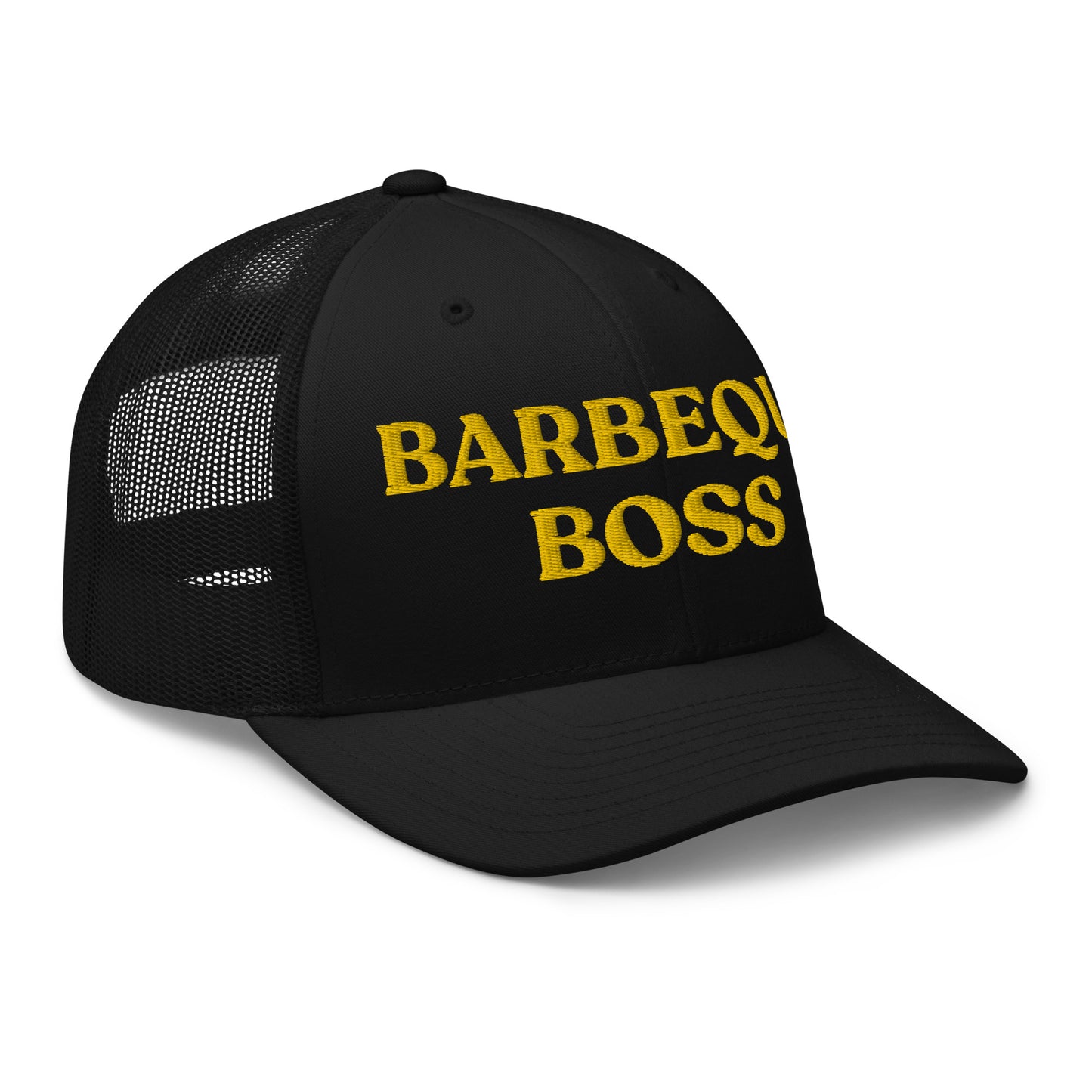 Black Barbeque Boss Hat - Are you the Barbeque Boss? Looking for a gift for your favorite BBQ buddy? Our Barbeque Boss Trucker Hat might be just for you! It's a classic trucker hat, expertly embroidered with a funny text design. Perfect for summer barbeques or everyday streetwear.