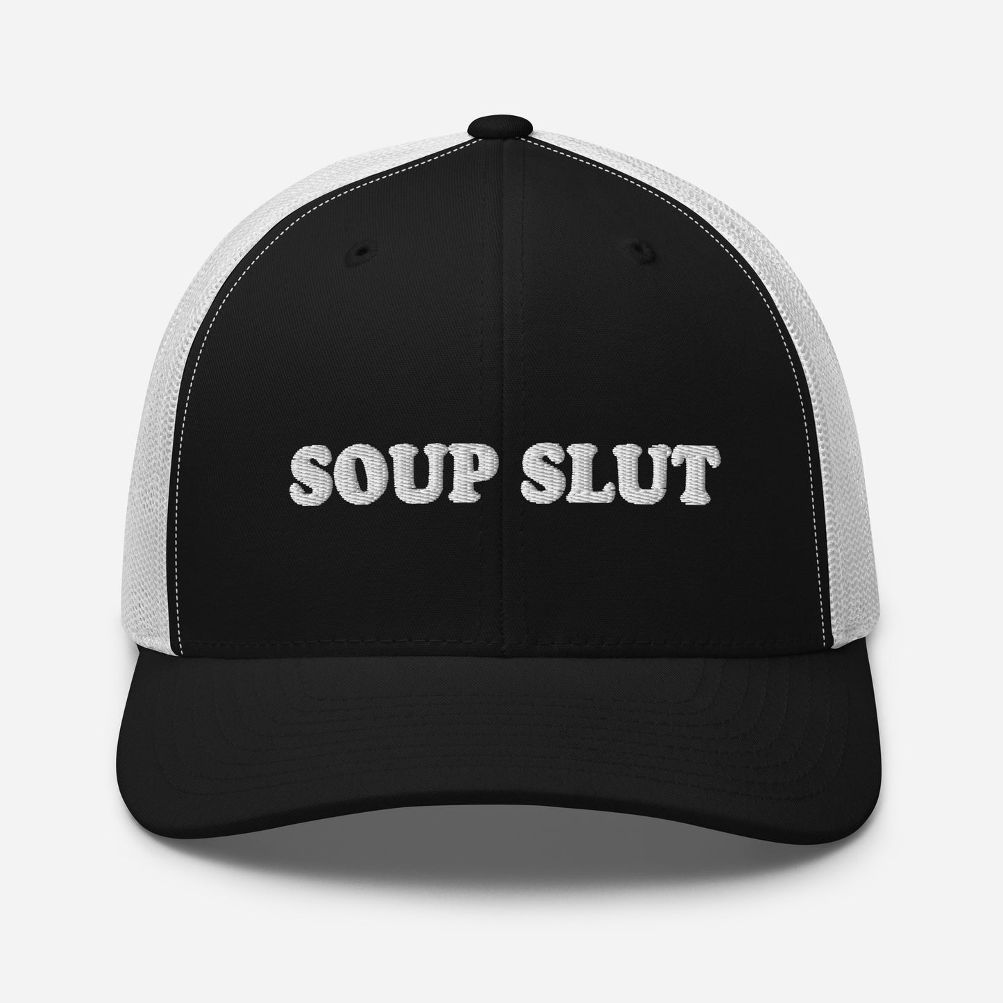 Black Soup Slut Hat - Soup enthusiast? Looking for a funny gift for a foodie? This Soup Slut Trucker Hat is comfortable, comes in a variety of colors and has a convenient adjustable closure. This fun soup slut hat is expertly embroidered and the perfect hat for soup lovers and foodies of all kinds. Celebrate your favorite foods in our funky foodie clothing and accessories!