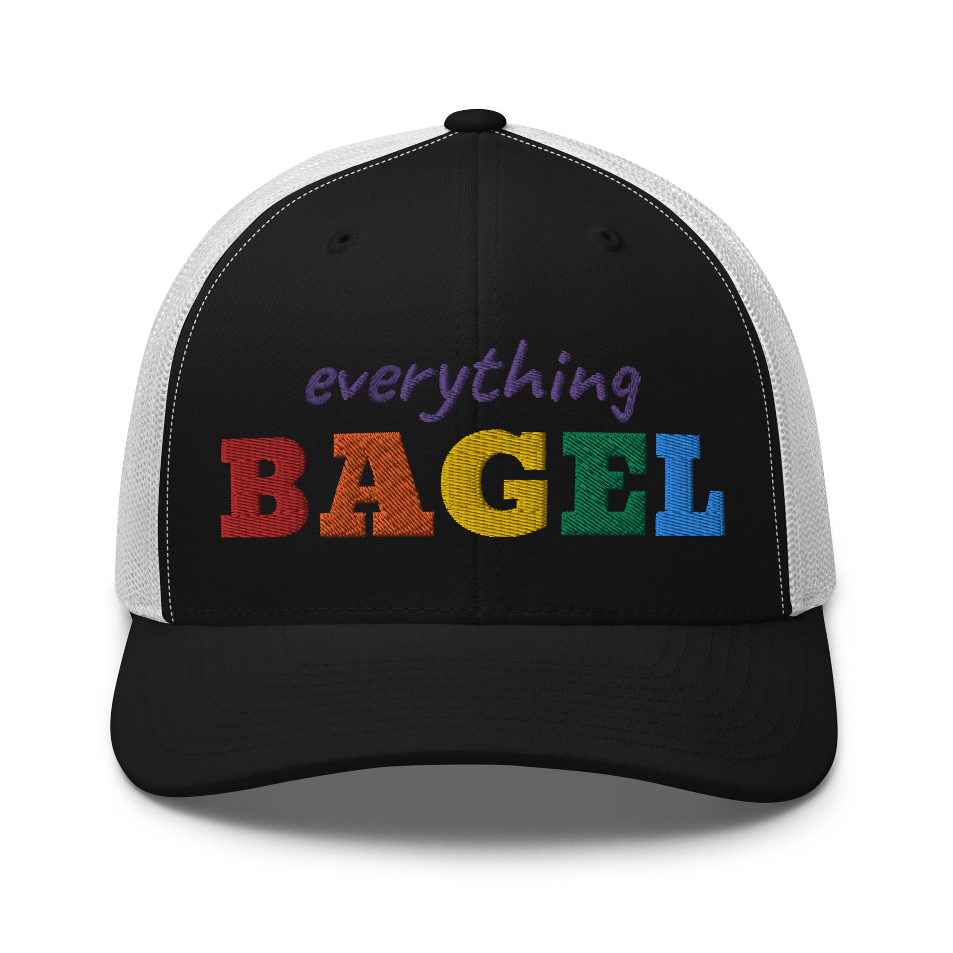 Black and White Trucker Hat With Pride Design for Bagel Lovers - Our Everything Bagel Pride Bucket Hat is sure to turn heads and have everyone asking, "Where'd you get that hat?" It's comfortable, adjustable and comes in a variety of colors with a funny rainbow design for pride. Looking for something personalized? Shoot us an email! 