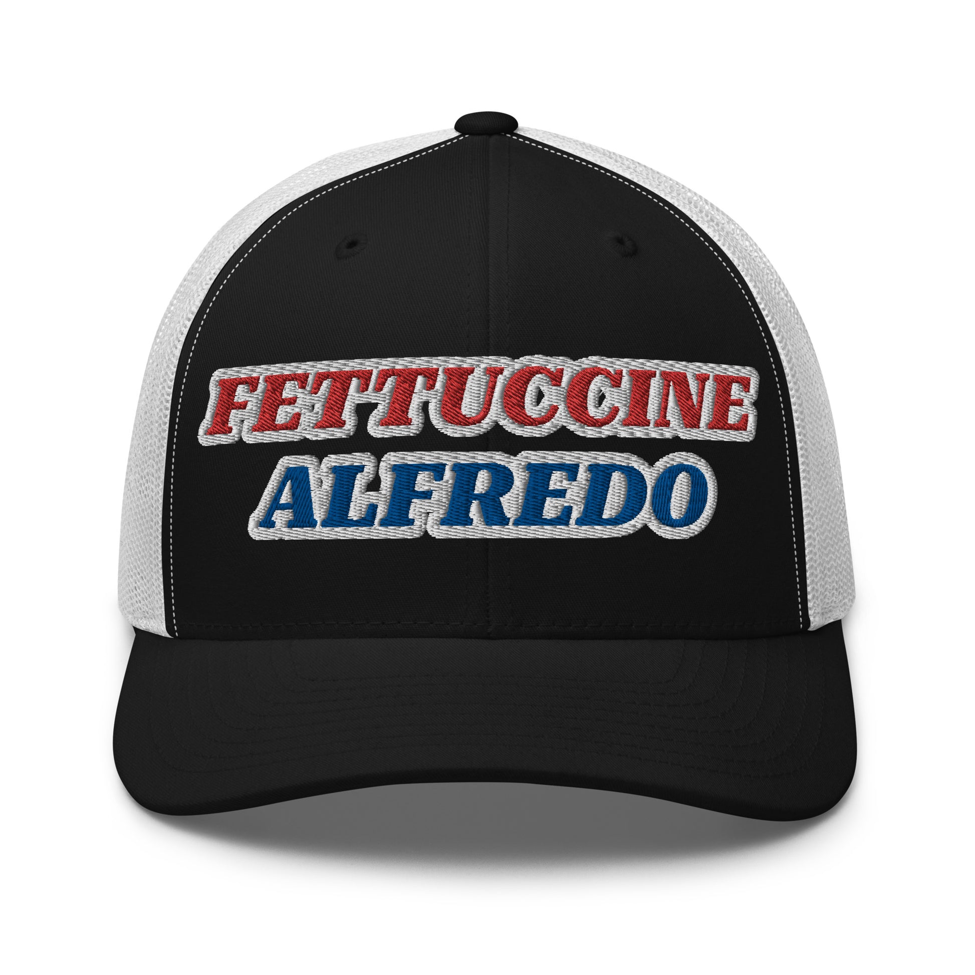 Black and white Fettuccine Alfredo Hat - Love Fettuccine Alfredo? Make a statement in our Fettuccine Alfredo trucker hat. It's a classic trucker hat with a funny red, white and blue design, expertly embroidered on the front.