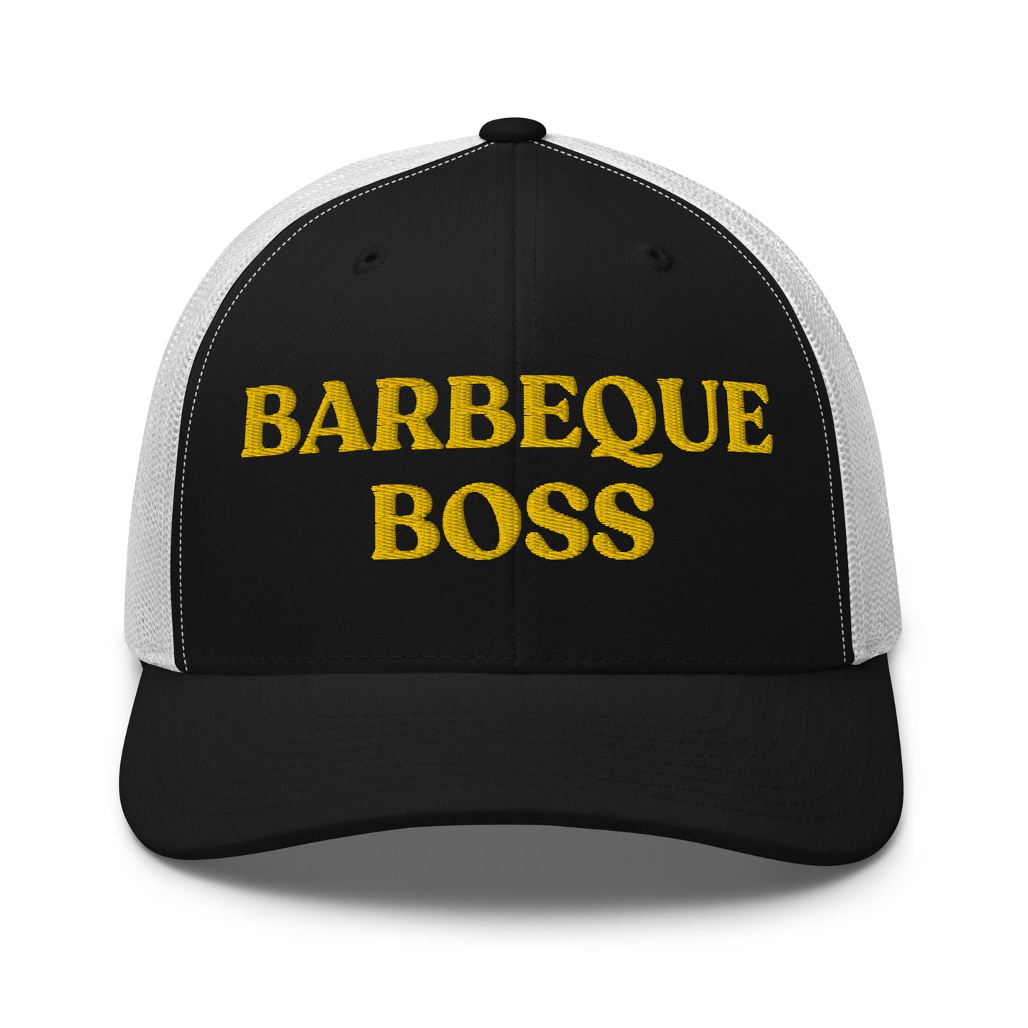 Black and white Barbeque Boss Hat - Are you the Barbeque Boss? Looking for a gift for your favorite BBQ buddy? Our Barbeque Boss Trucker Hat might be just for you! It's a classic trucker hat, expertly embroidered with a funny text design. Perfect for summer barbeques or everyday streetwear.