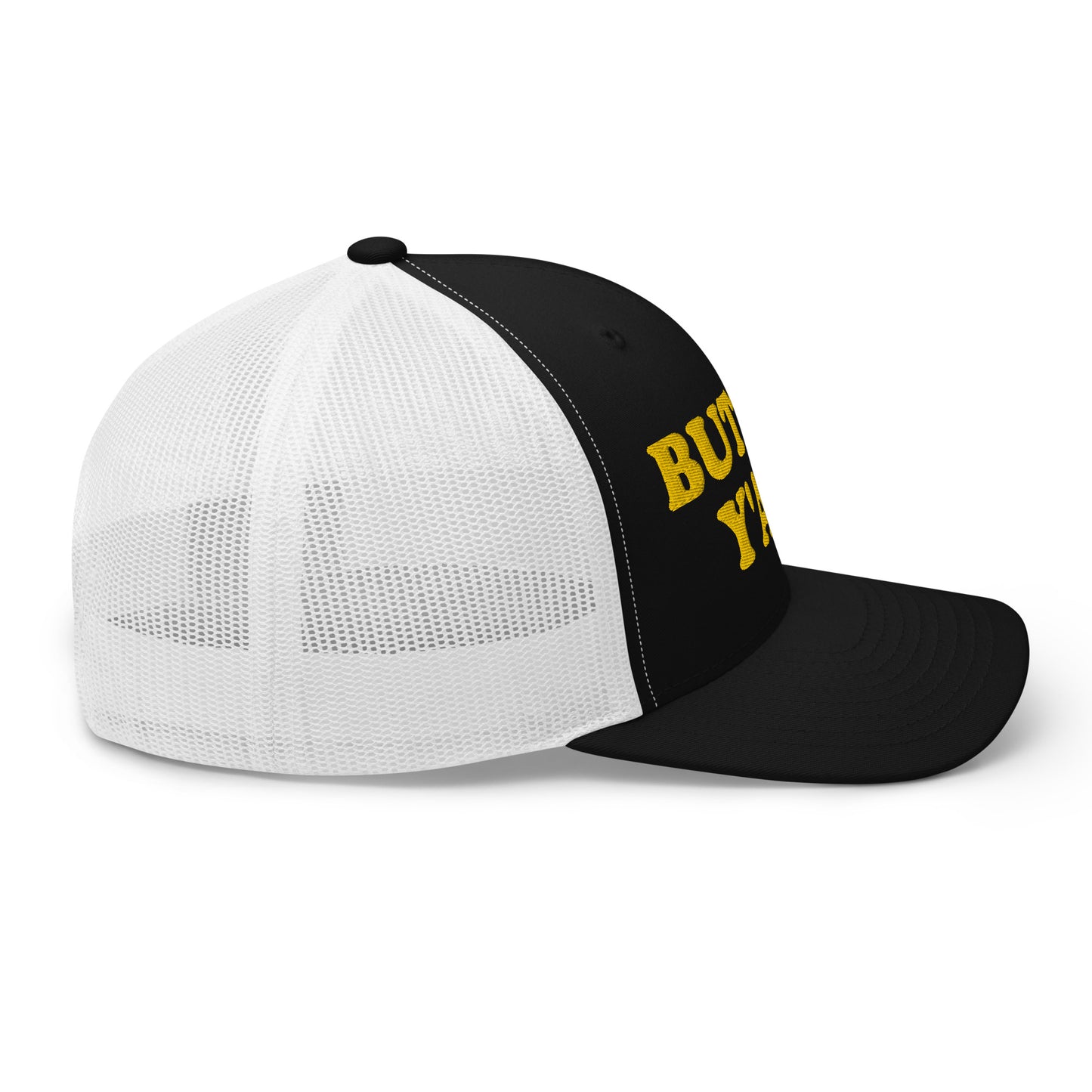 Black and white Butter Hat - Are you a butter enthusiast? Looking for a funny gift? Our Butter Y'all Hat is comfortable and made just for you. It comes in a variety of colors with a funny butter phrase, expertly embroidered on the front. Make a statement and eat your favorite buttery foods in our butter y'all trucker hat.  Edit alt text