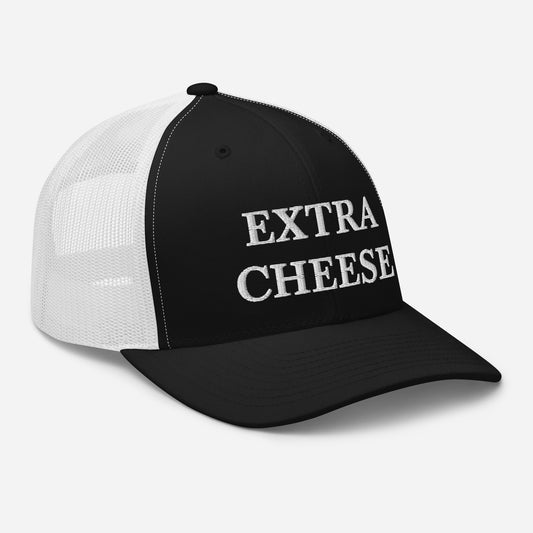 Black and White Extra Cheese Trucker Hat from Nina's Funky Shop by ninanush - Cheese enthusiast? Looking for a funny foodie gift? This Extra Cheese Hat is comfortable, comes in a variety of colors and has a convenient adjustable closure. This fun foodie hat is expertly embroidered and the perfect funny trucker hat for cheese lovers. Eat your favorite food in our foodie hats and foodie apparel.