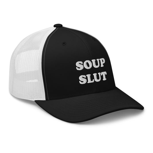 Black and white soup slut hat from Nina's Funky Shop by ninanush - Do you love soup? Looking for a funny gift for a soup lover? This Soup Slut Trucker Hat is comfortable, comes in a variety of colors and has a convenient adjustable closure. It's a funny trucker hat with "soup slut", expertly embroidered on the front. The perfect hat for soup enthusiasts and foodies of all kinds.