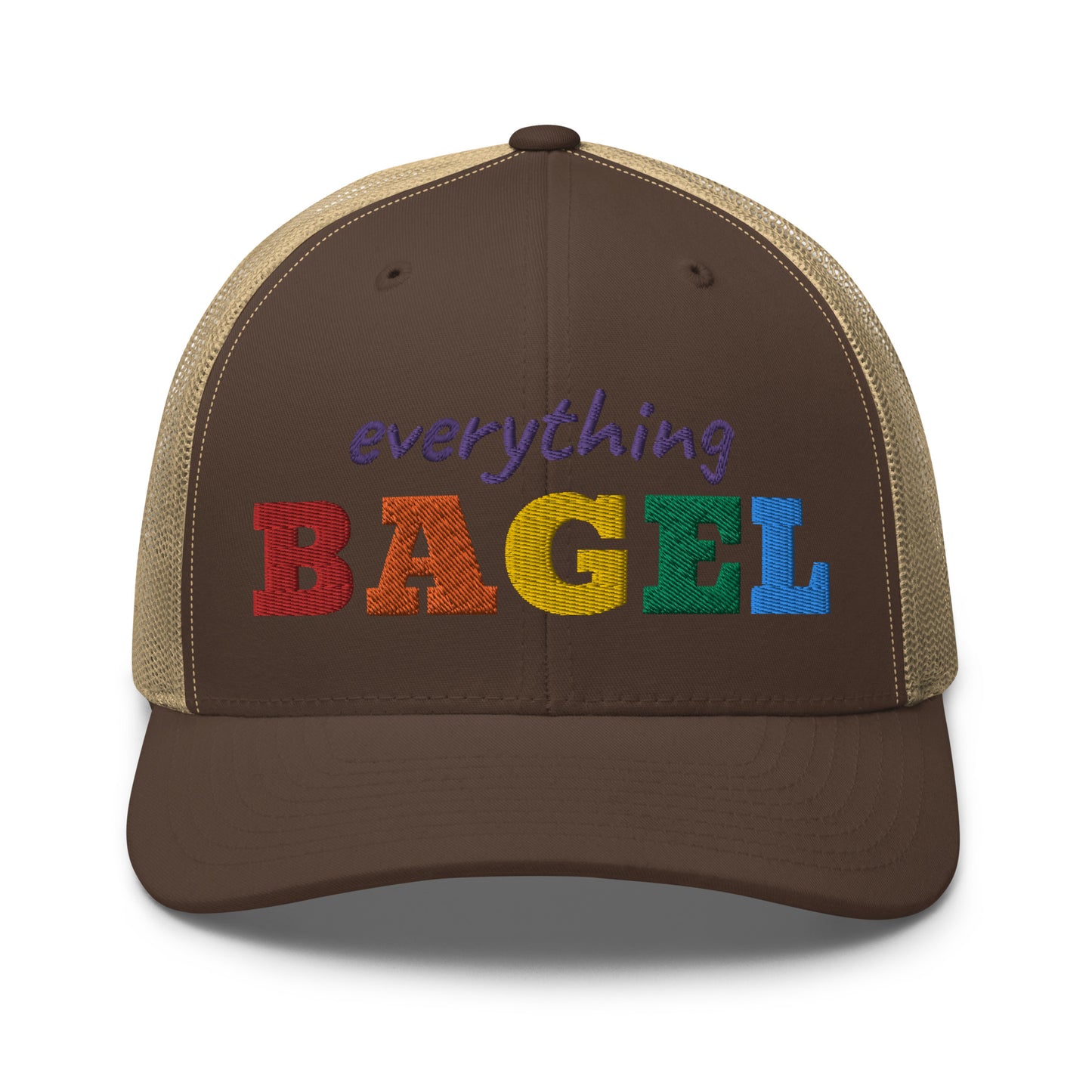 Brown Trucker Hat for Pride - Our Everything Bagel Pride Bucket Hat is sure to turn heads and have everyone asking, "Where'd you get that hat?" It's comfortable, adjustable and comes in a variety of colors with a funny rainbow design for pride. Looking for something personalized? Shoot us an email!